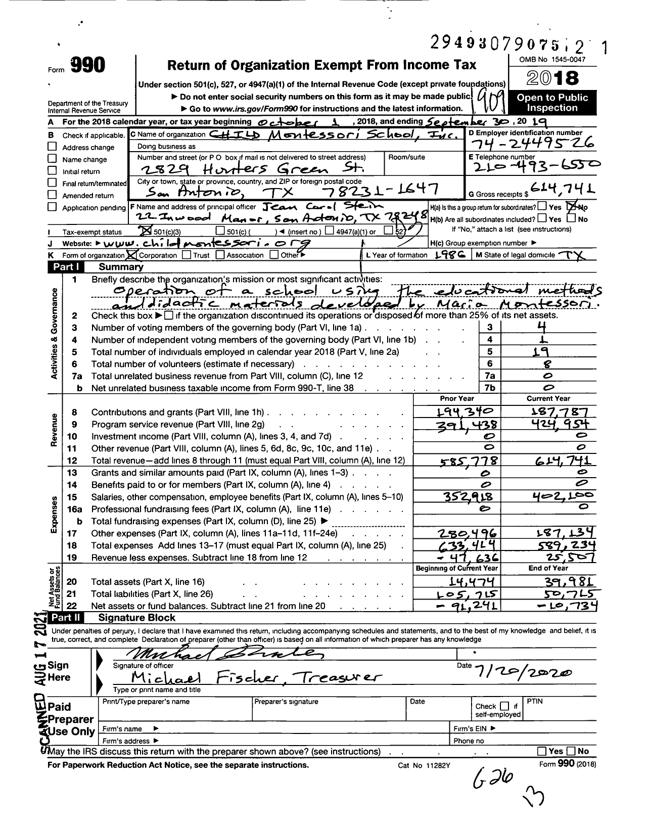 Image of first page of 2018 Form 990 for Child Montessori School Incorporated