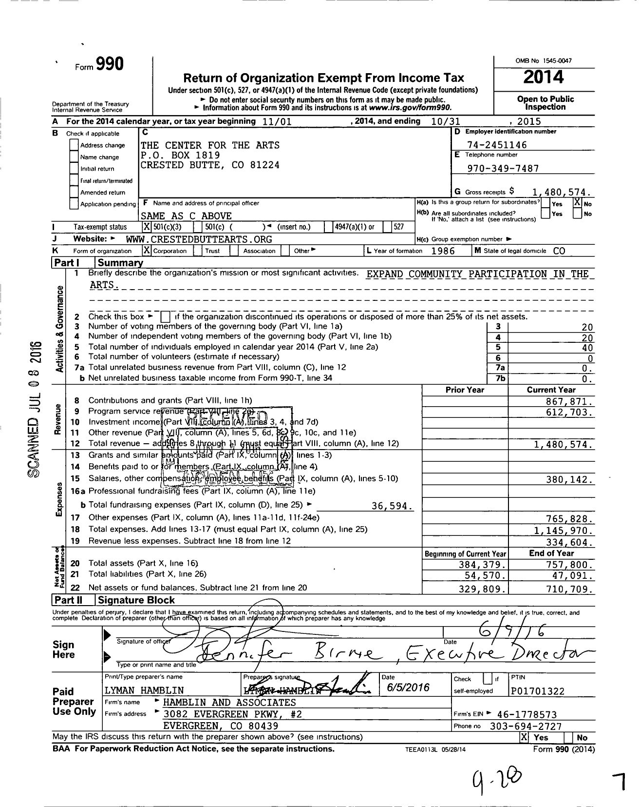 Image of first page of 2014 Form 990 for The Center for the Arts