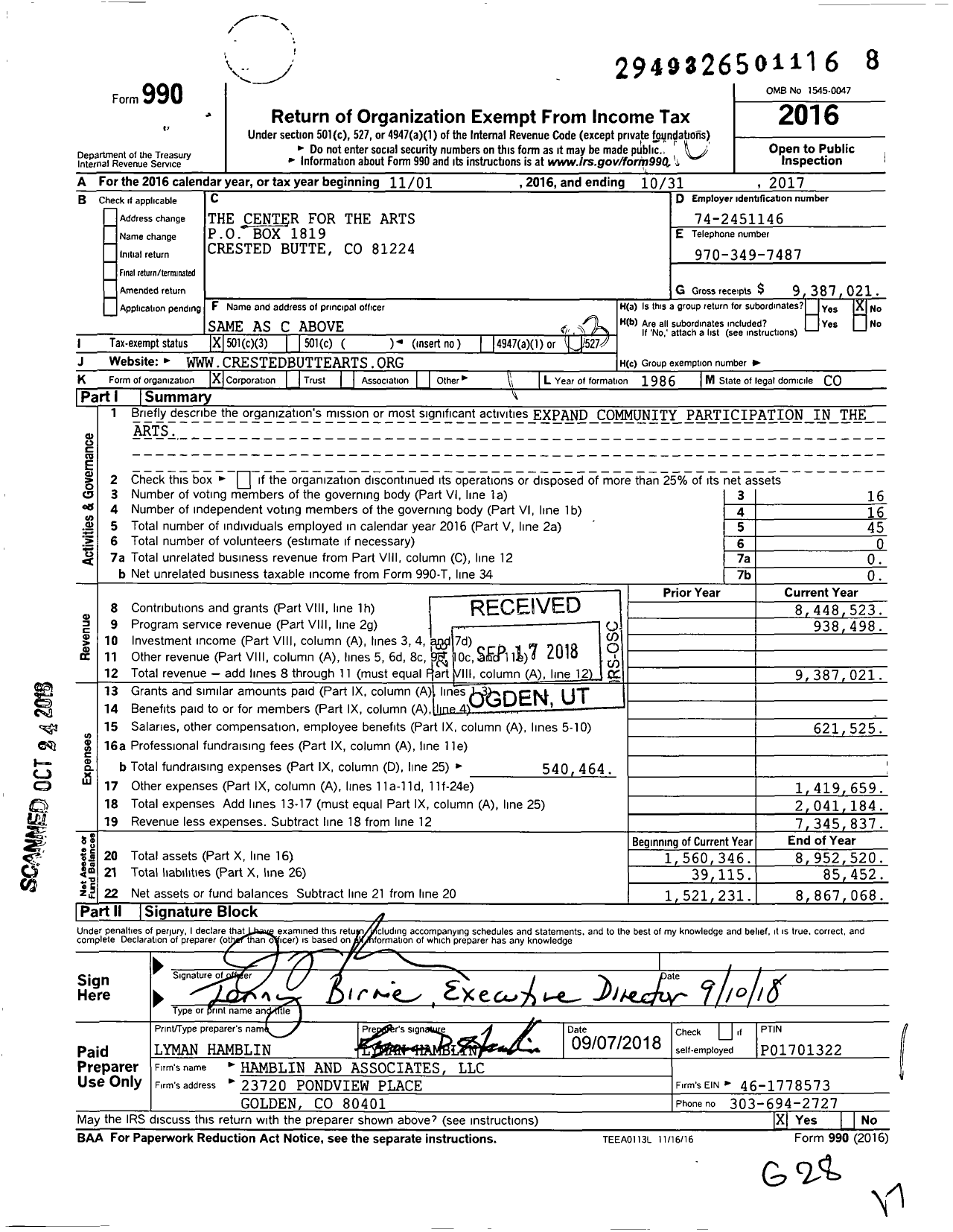 Image of first page of 2016 Form 990 for The Center for the Arts