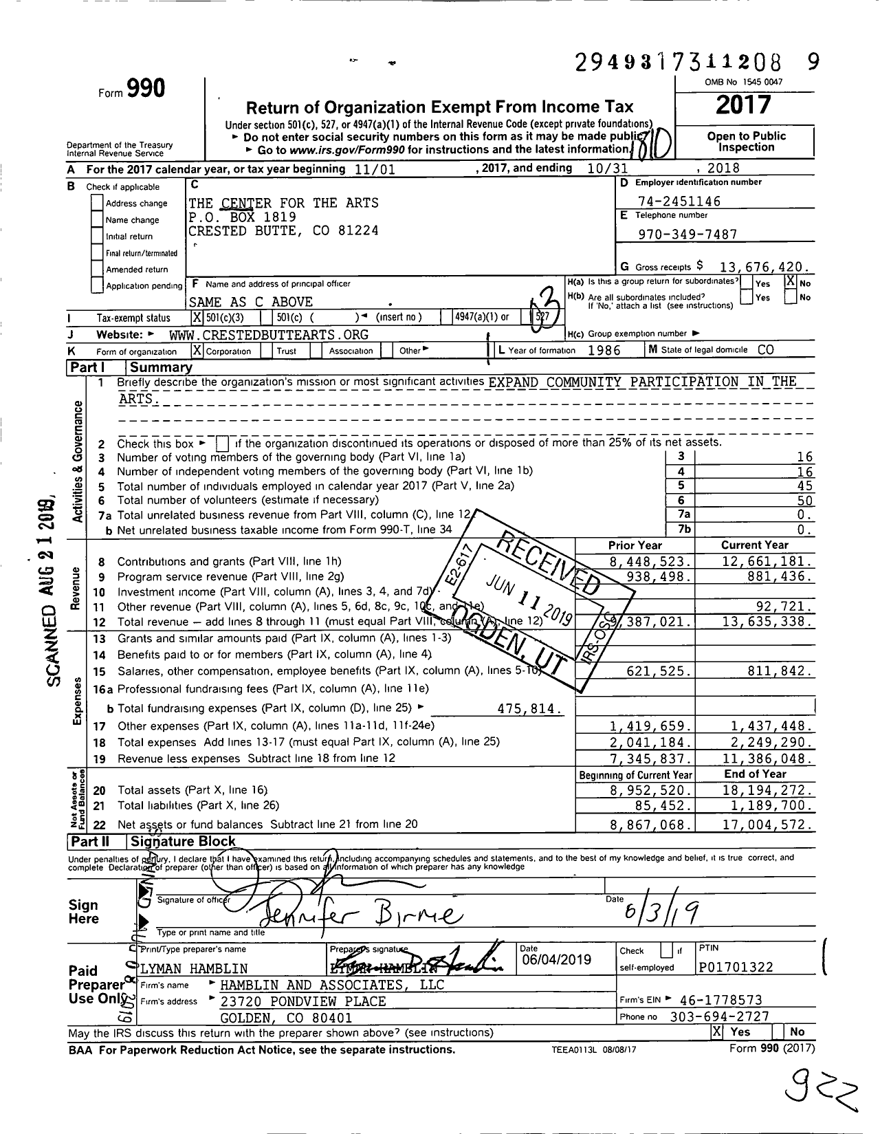 Image of first page of 2017 Form 990 for The Center for the Arts