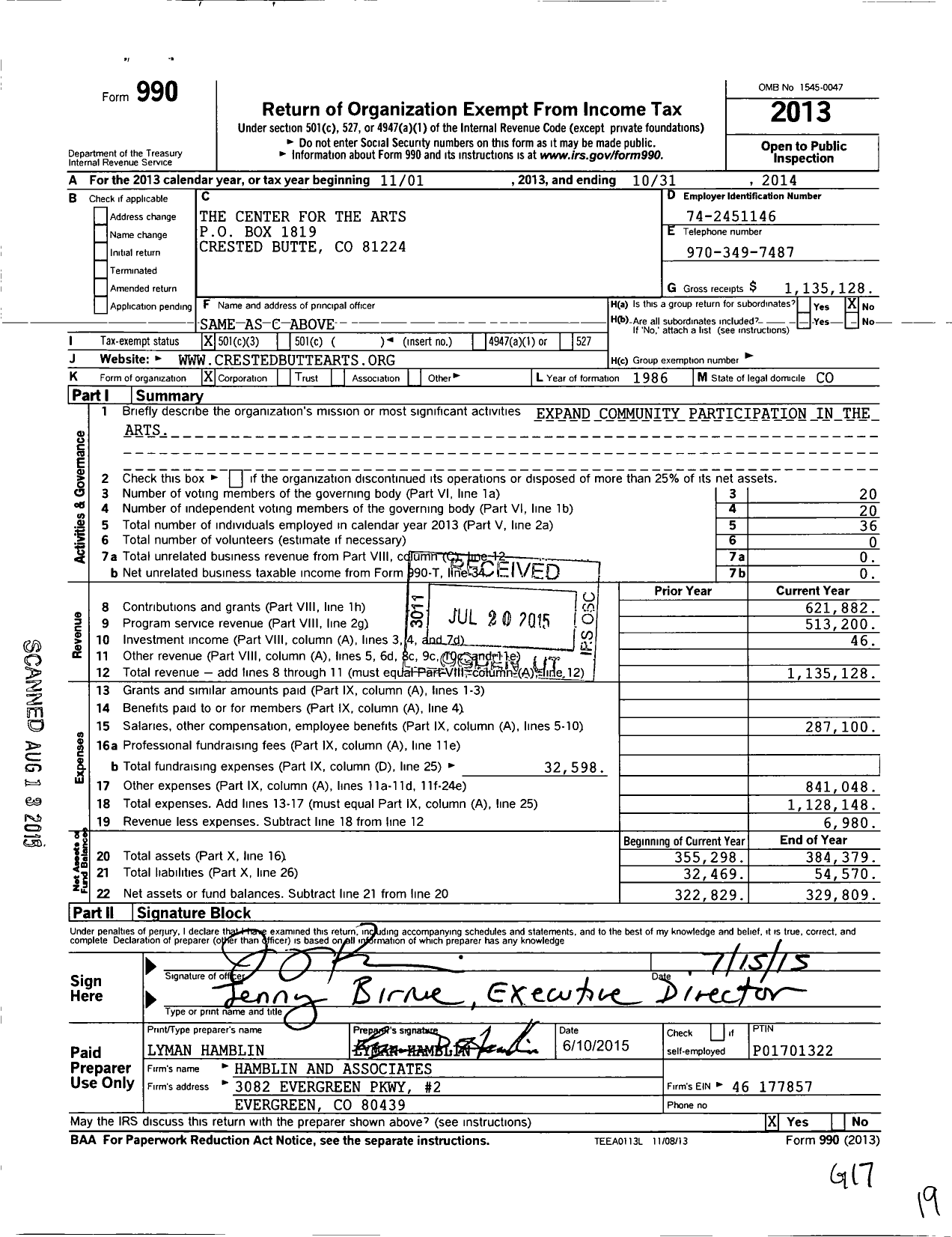 Image of first page of 2013 Form 990 for The Center for the Arts
