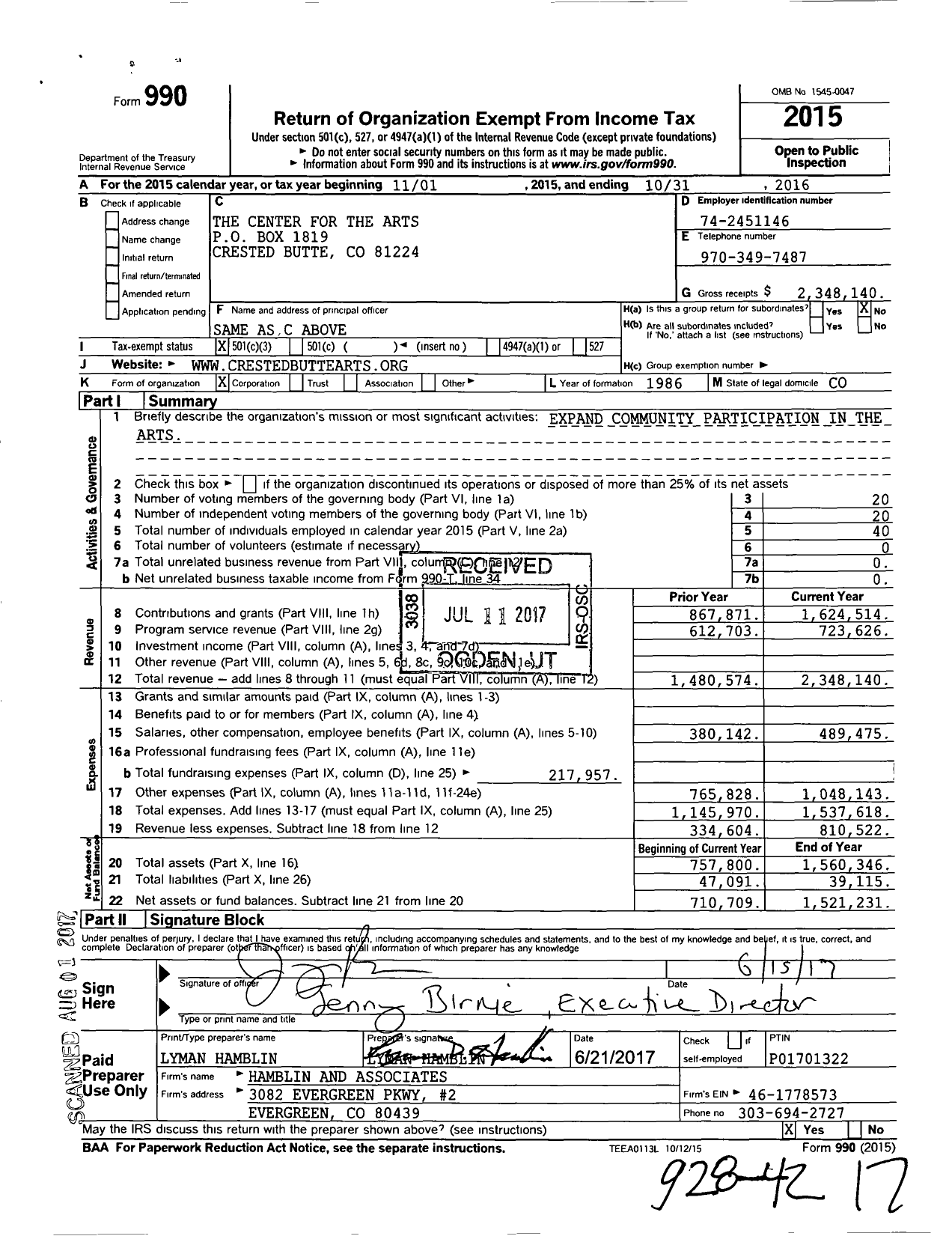 Image of first page of 2015 Form 990 for The Center for the Arts