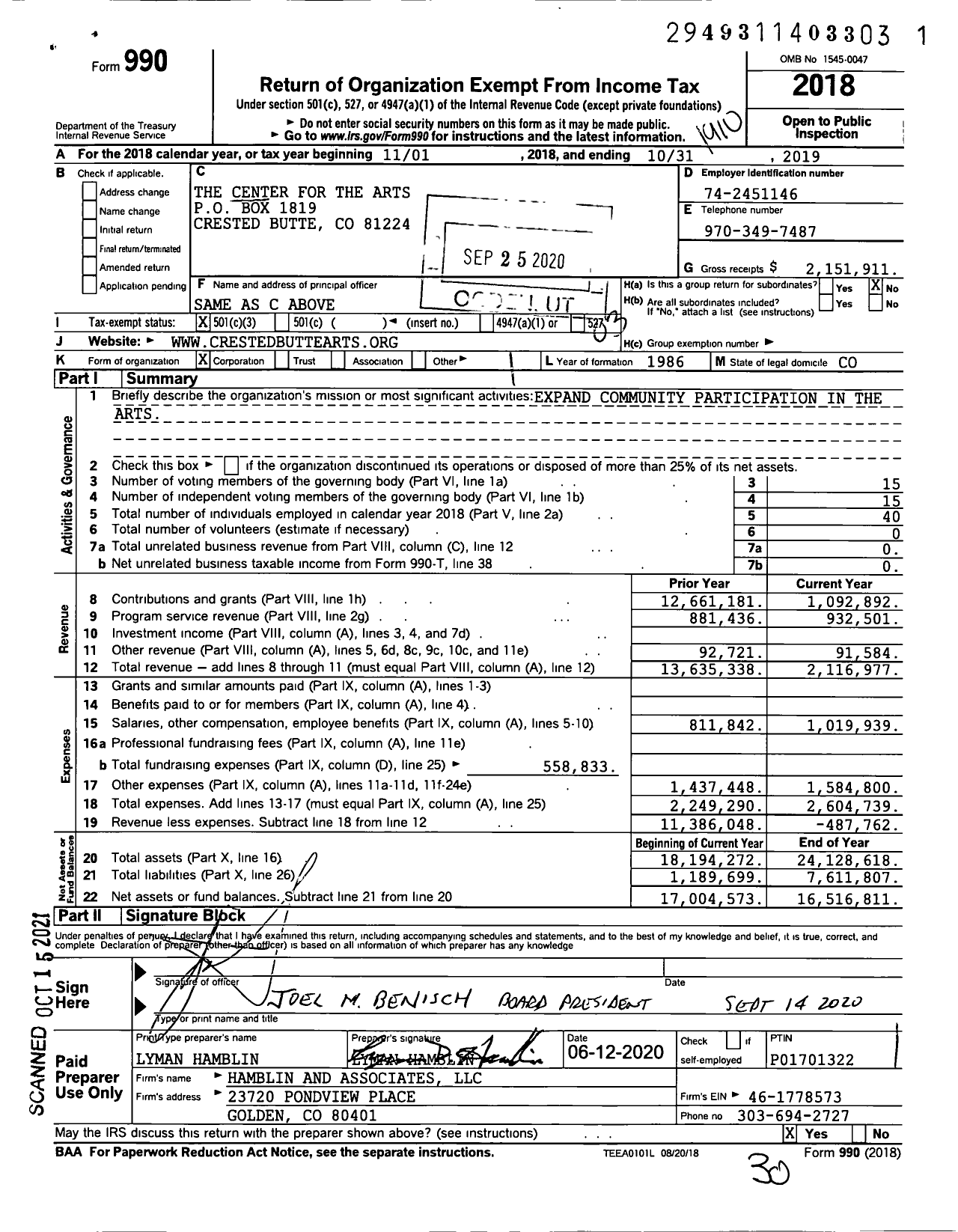 Image of first page of 2018 Form 990 for The Center for the Arts