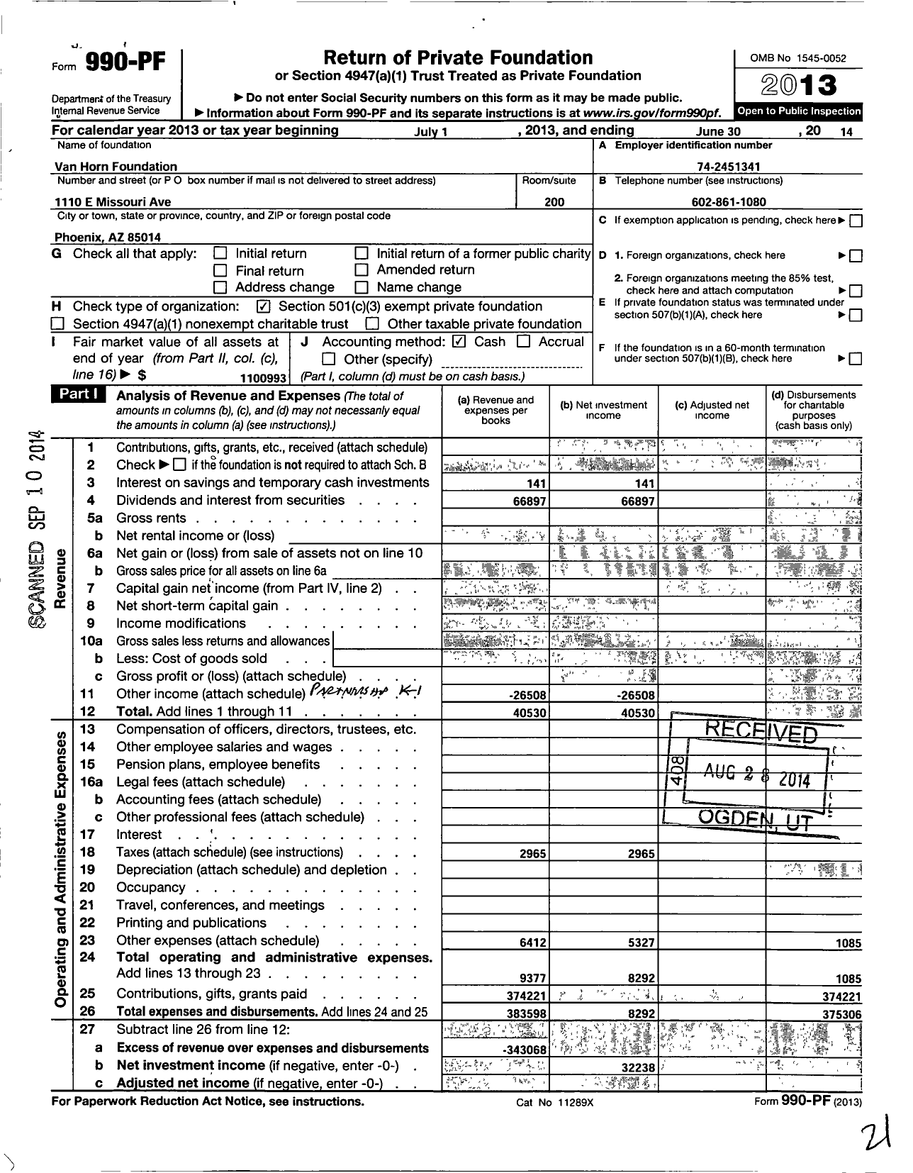 Image of first page of 2013 Form 990PF for Van Horn Foundation