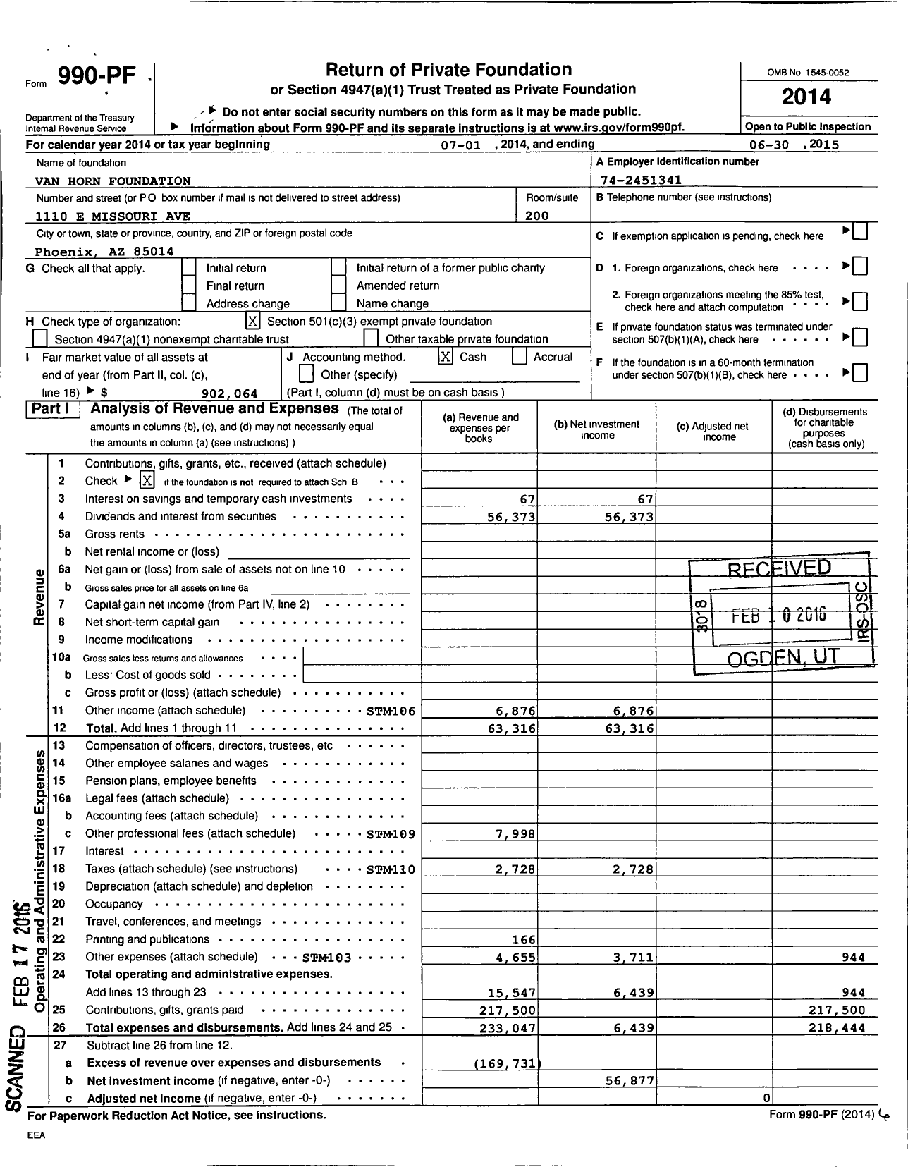 Image of first page of 2014 Form 990PF for Van Horn Foundation