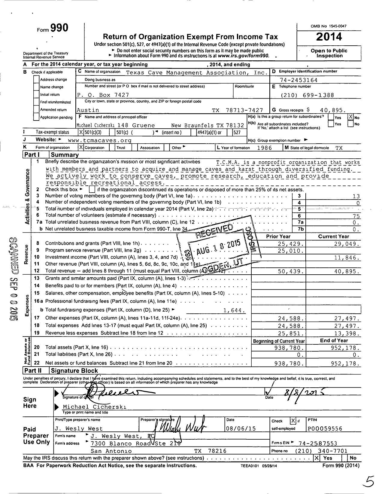 Image of first page of 2014 Form 990 for Texas Cave Management Association