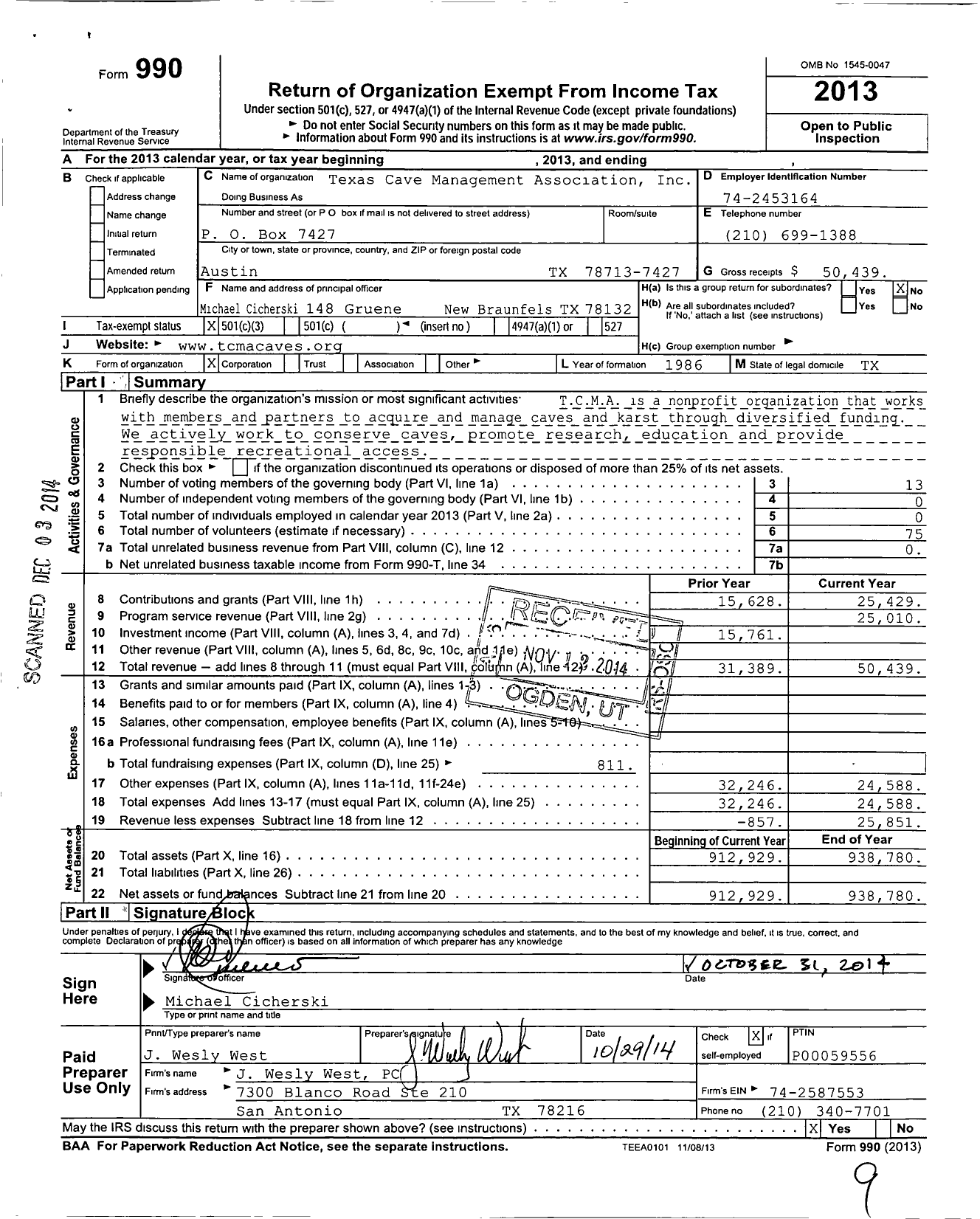Image of first page of 2013 Form 990 for Texas Cave Management Association