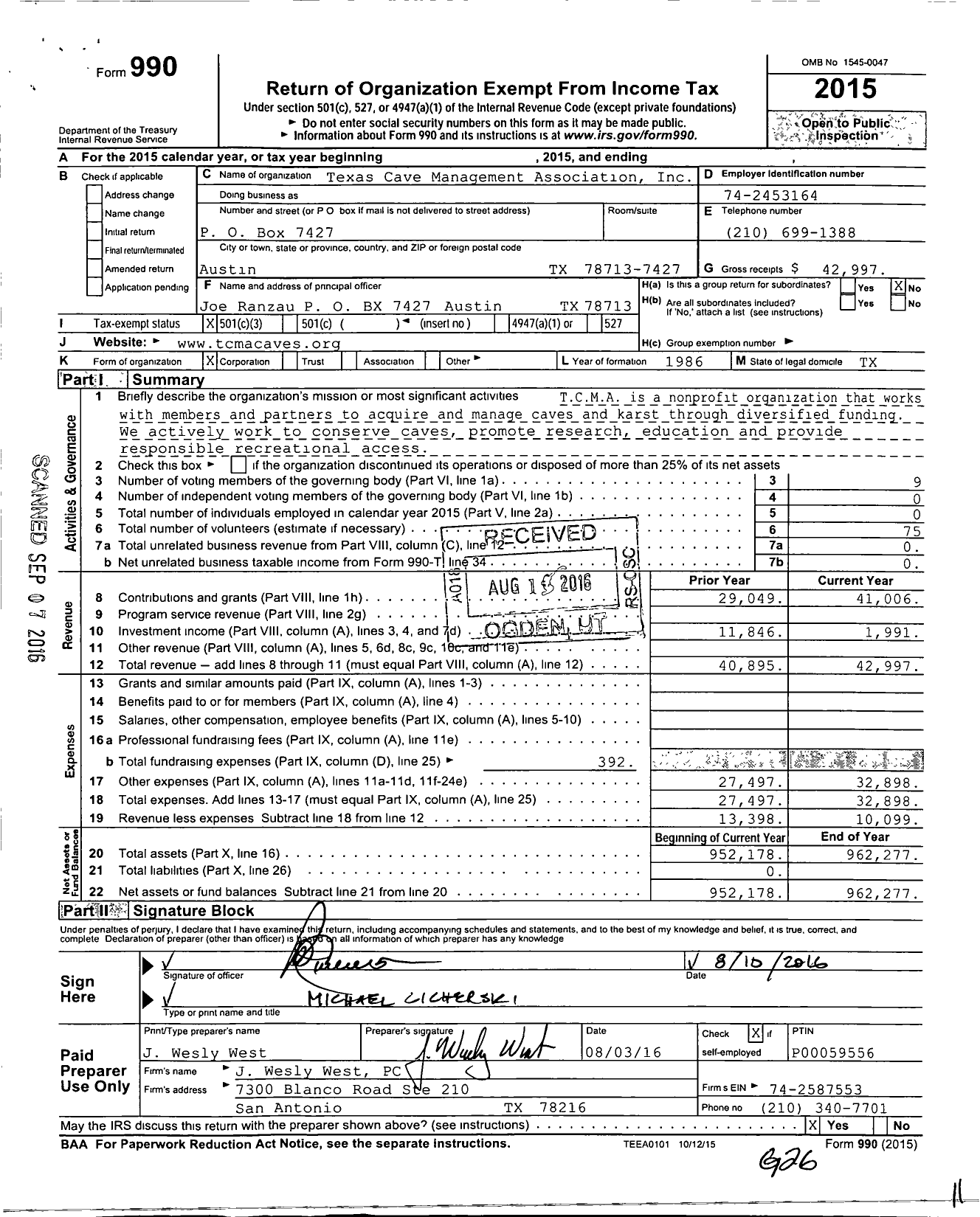 Image of first page of 2015 Form 990 for Texas Cave Management Association