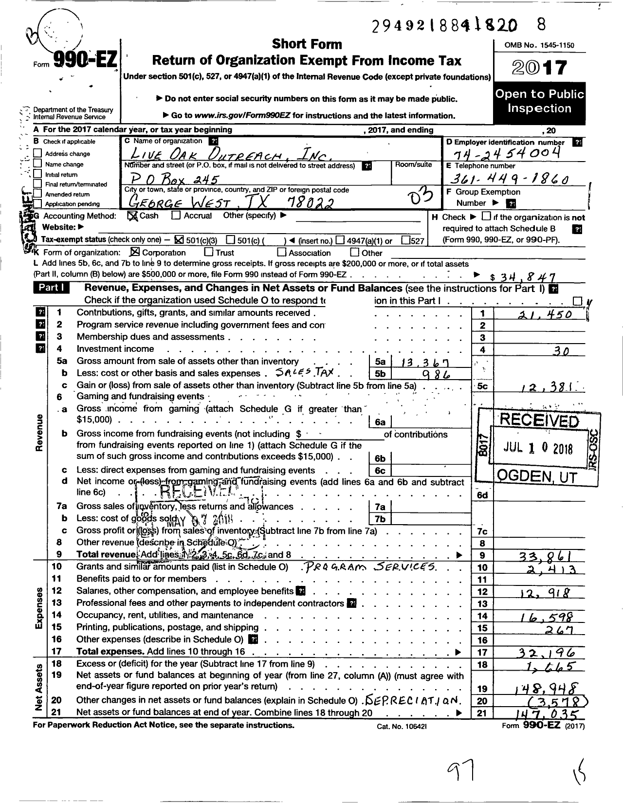 Image of first page of 2017 Form 990EZ for Live Oak Outreach