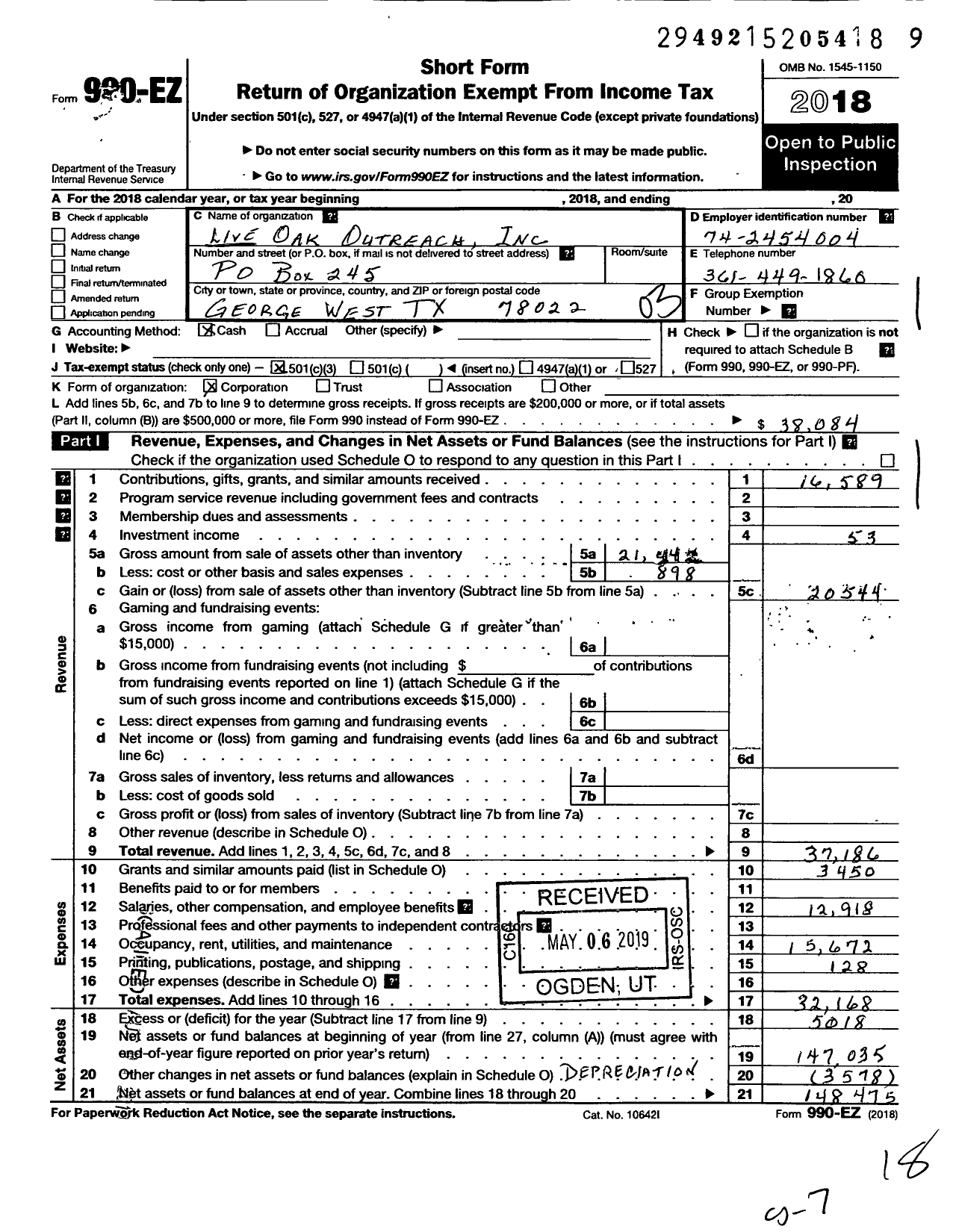 Image of first page of 2018 Form 990EZ for Live Oak Outreach