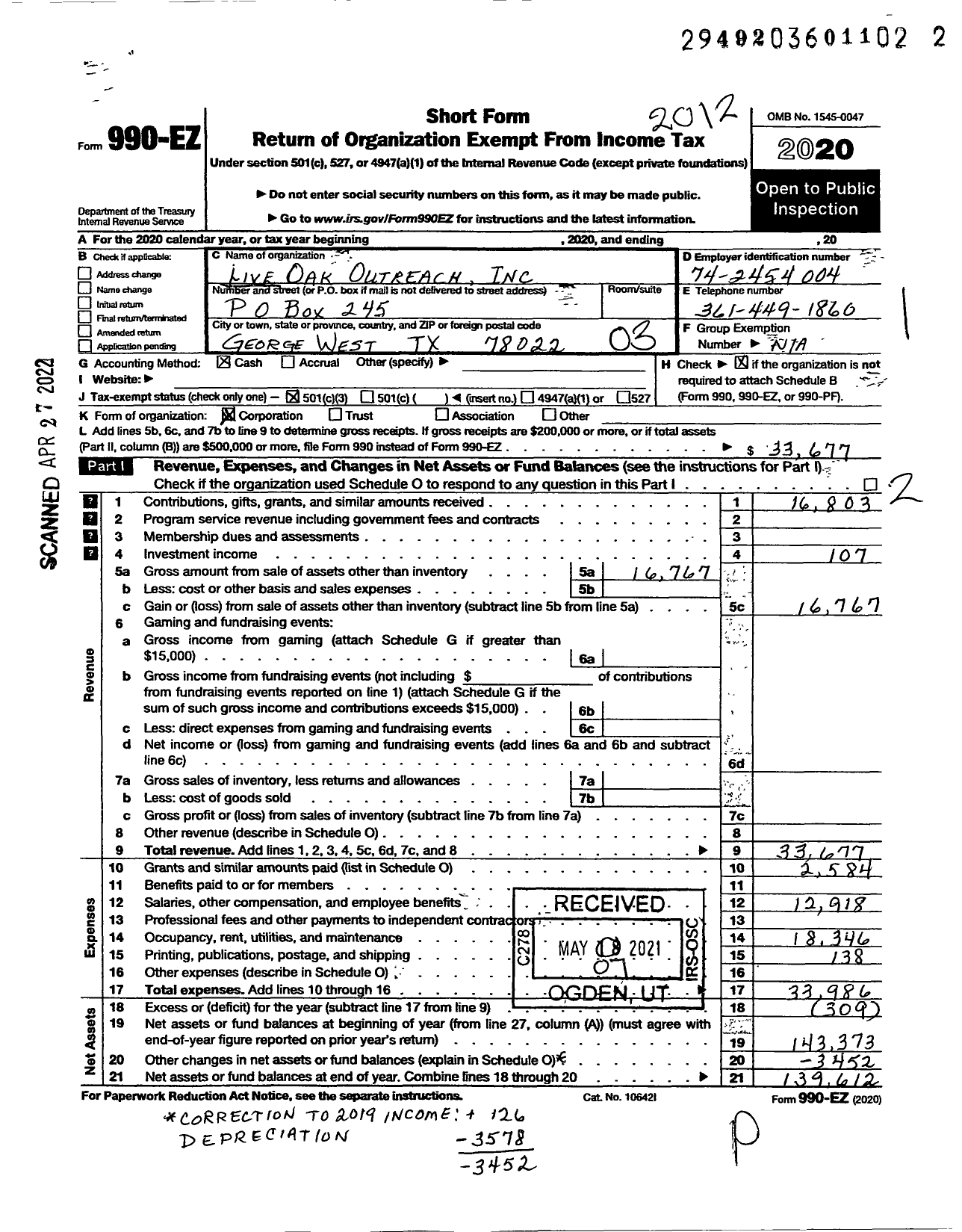 Image of first page of 2020 Form 990EZ for Live Oak Outreach