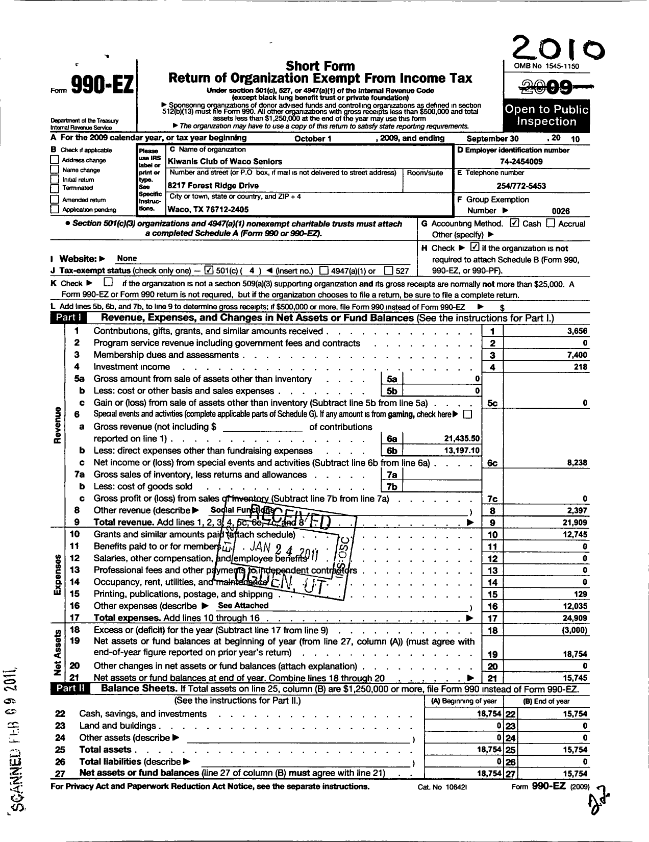 Image of first page of 2009 Form 990EO for Kiwanis International - K11953 Waco Seniors