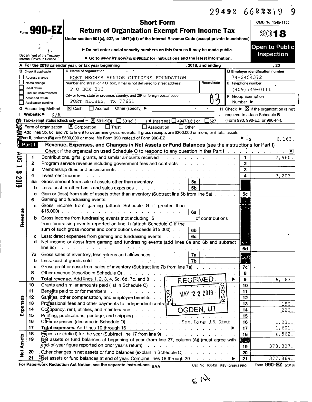 Image of first page of 2018 Form 990EZ for Port Neches Senior Citizens Foundation