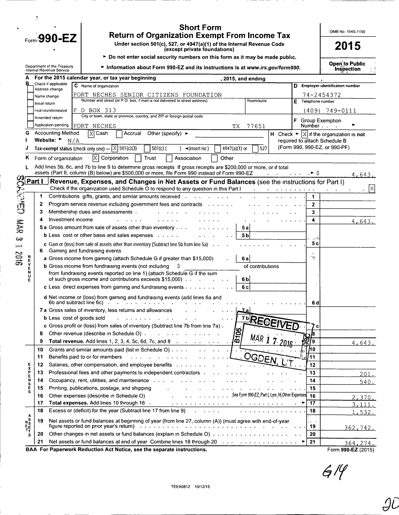 Image of first page of 2015 Form 990EZ for Port Neches Senior Citizens Foundation