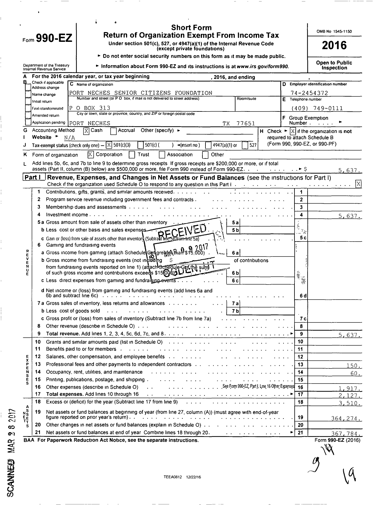 Image of first page of 2016 Form 990EZ for Port Neches Senior Citizens Foundation