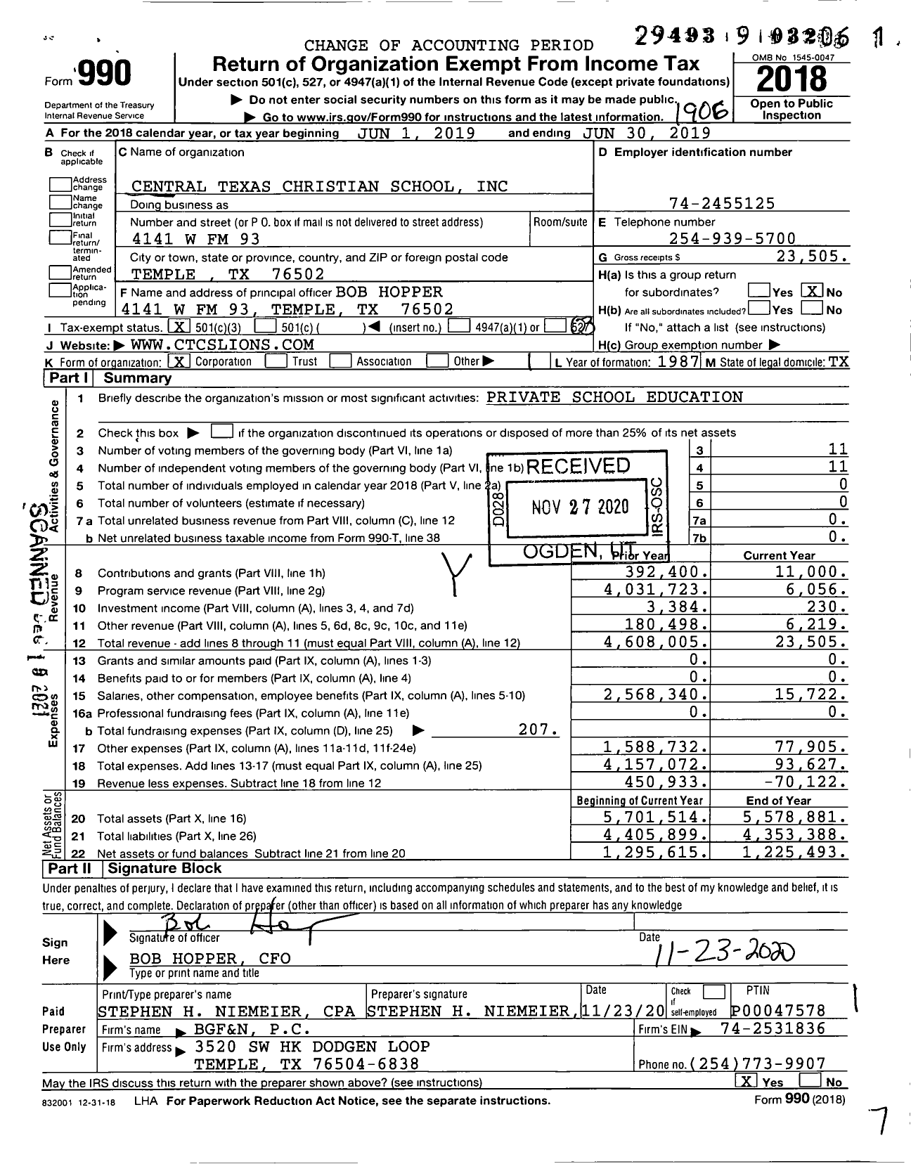 Image of first page of 2018 Form 990 for Central Texas Christian School