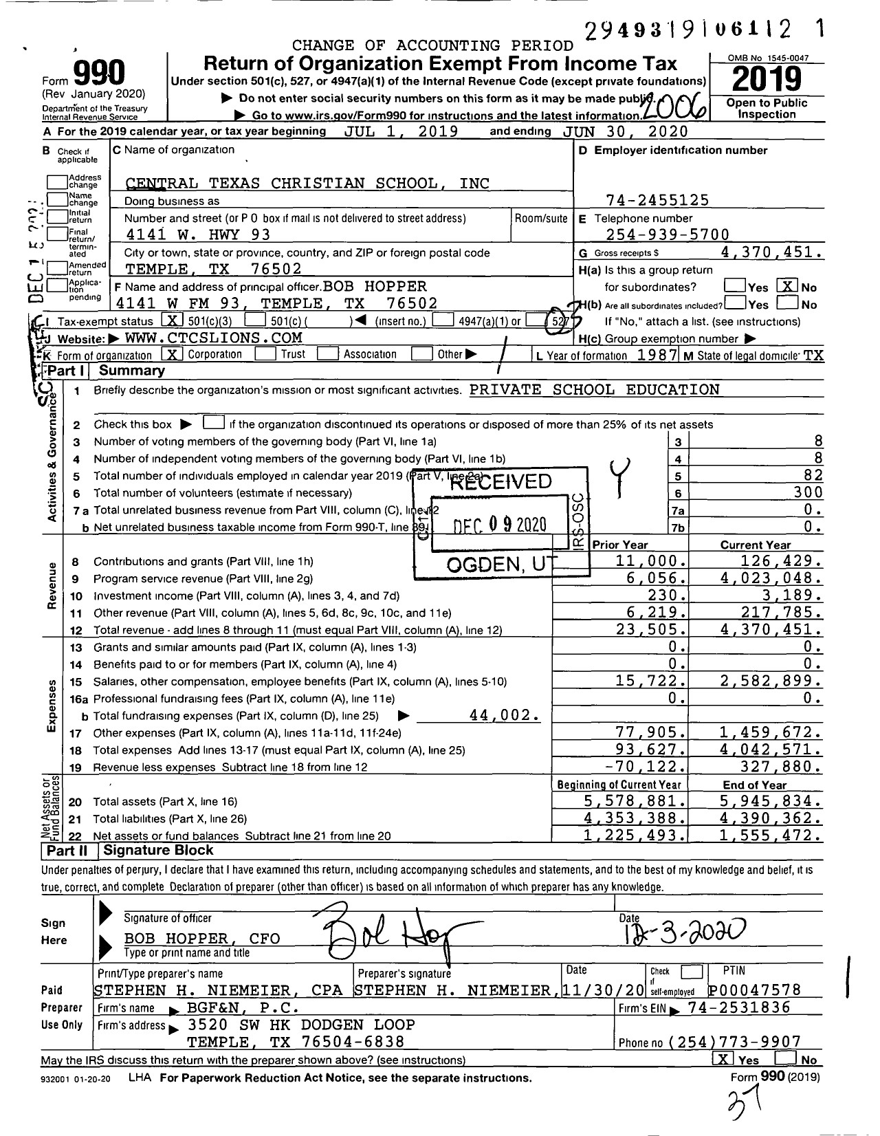 Image of first page of 2019 Form 990 for Central Texas Christian School