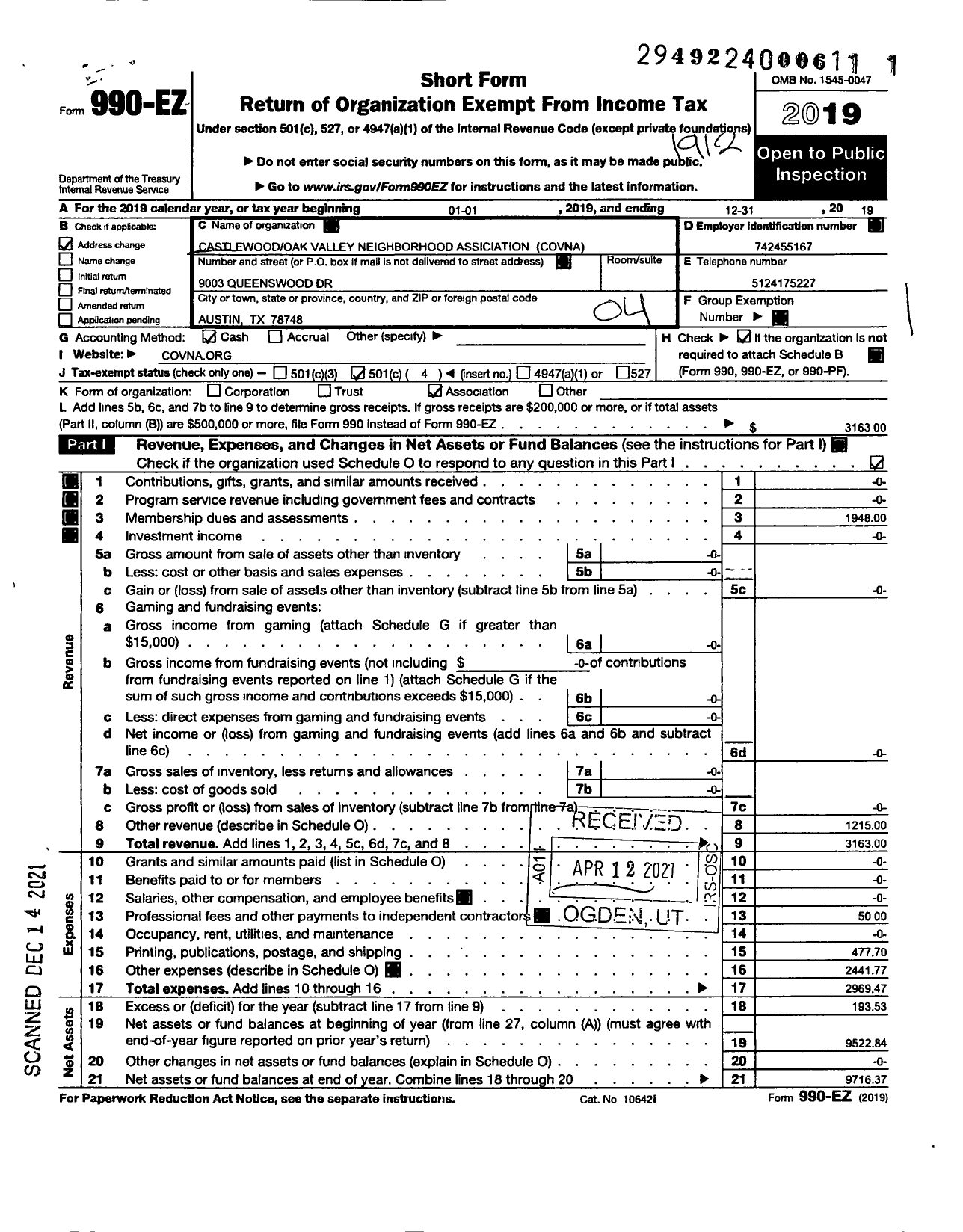 Image of first page of 2019 Form 990EO for Castlewood-Oak Valley Neighborhood Association