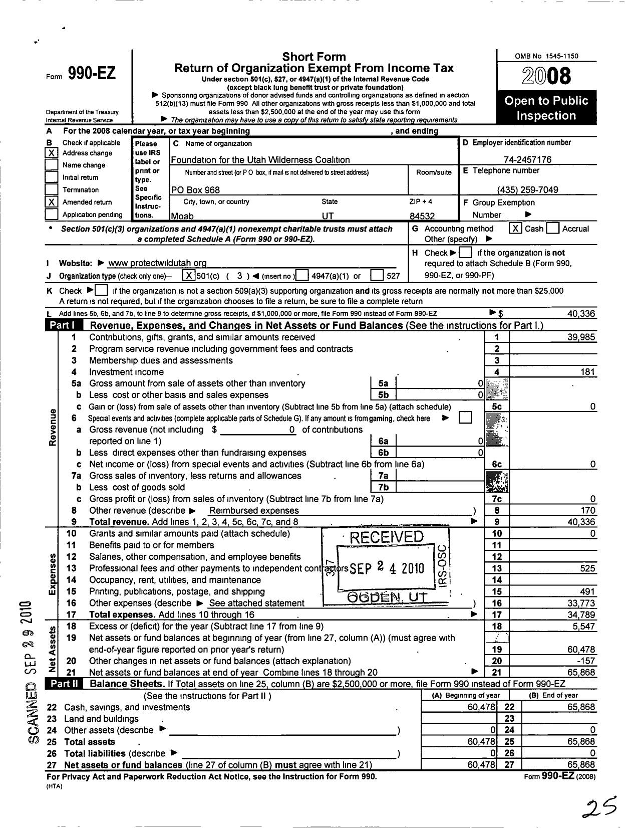 Image of first page of 2008 Form 990EZ for Foundation for the Utah Wilderness Coalition