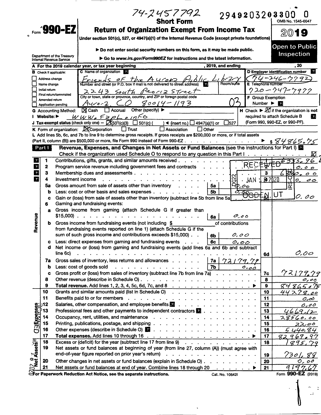 Image of first page of 2019 Form 990EZ for Friends of the Aurora Public Library