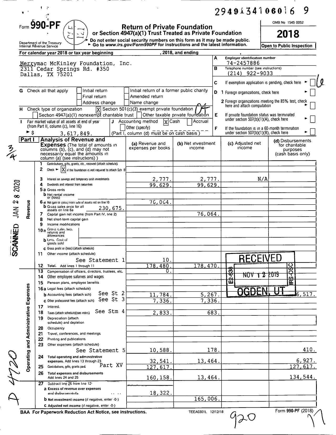 Image of first page of 2018 Form 990PF for Merrymac McKinley Foundation