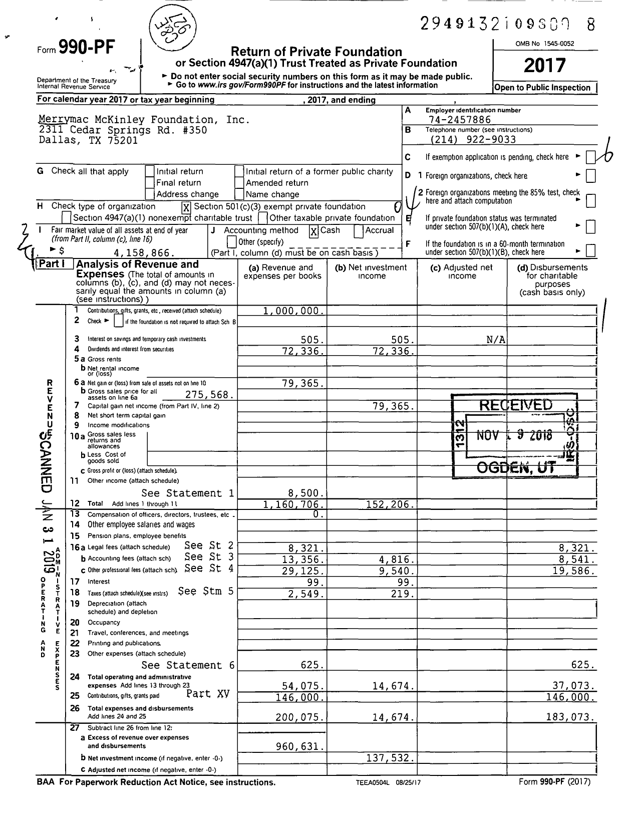 Image of first page of 2017 Form 990PF for Merrymac McKinley Foundation