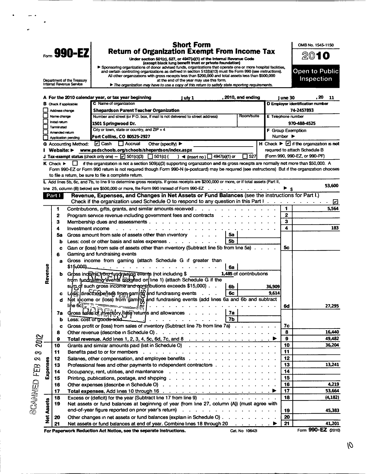 Image of first page of 2010 Form 990EZ for Shepardson Pto