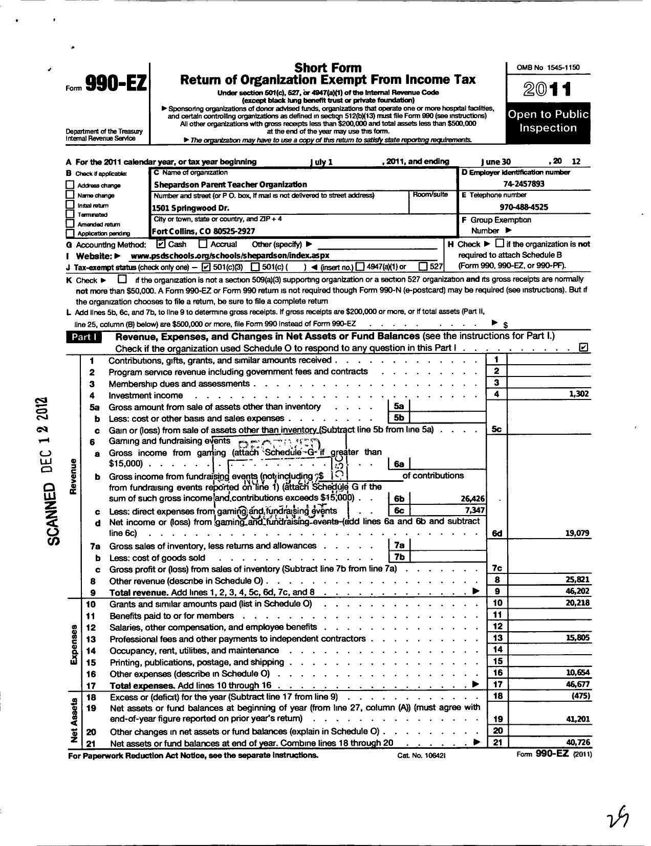 Image of first page of 2011 Form 990EZ for Shepardson Pto