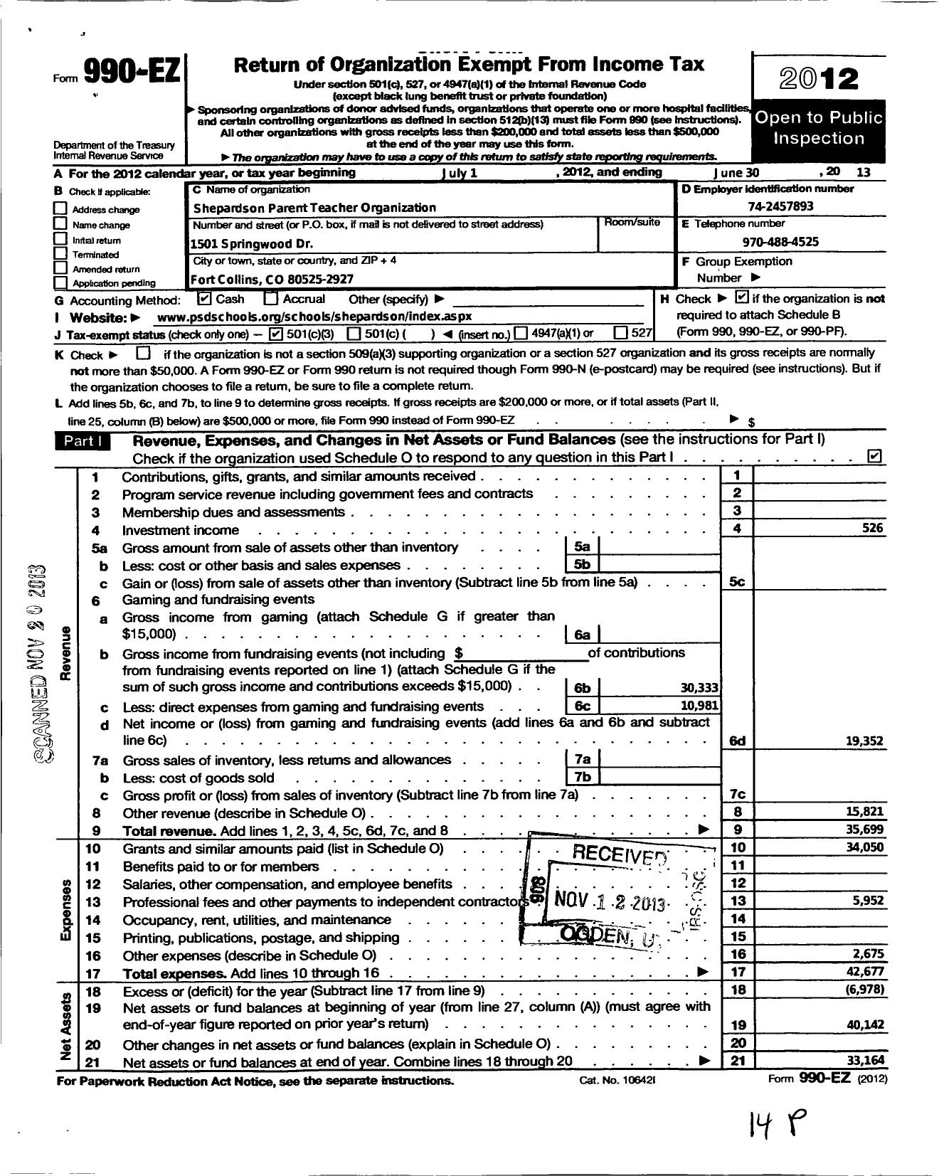Image of first page of 2012 Form 990EZ for Shepardson Pto