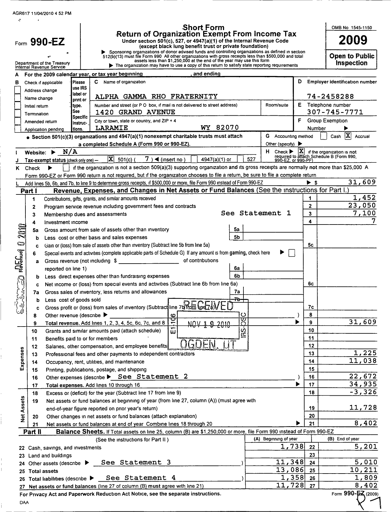 Image of first page of 2009 Form 990EO for Alpha Gamma Rho Fraternity - Beta Omicron Chapter