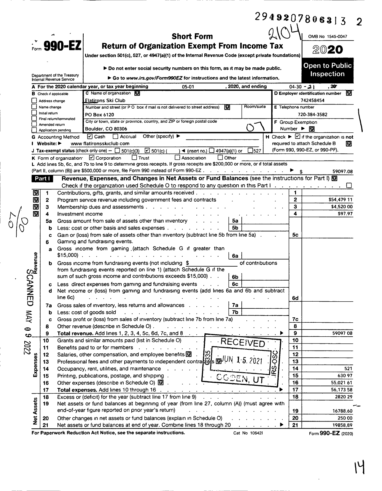 Image of first page of 2020 Form 990EO for Flatirons Ski Club