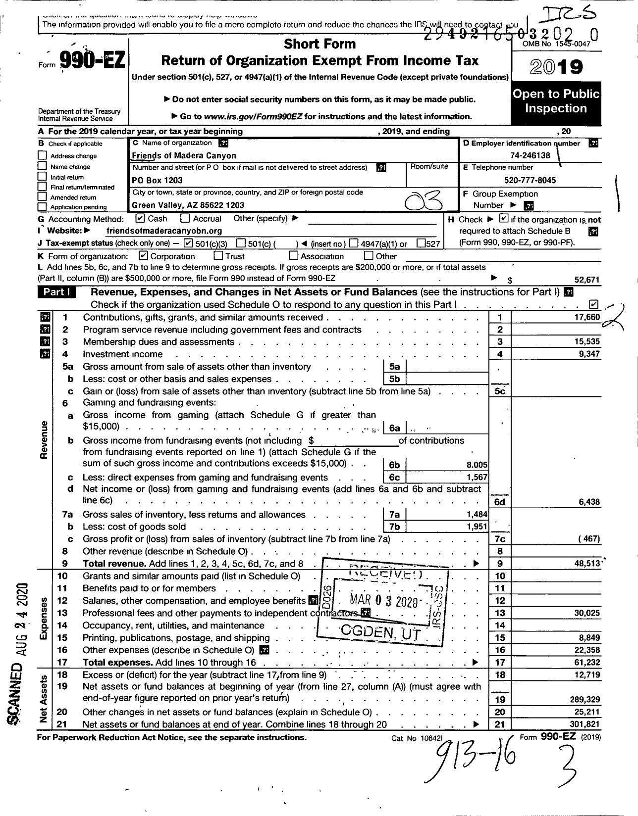 Image of first page of 2019 Form 990EZ for Friends of Madera Canyon