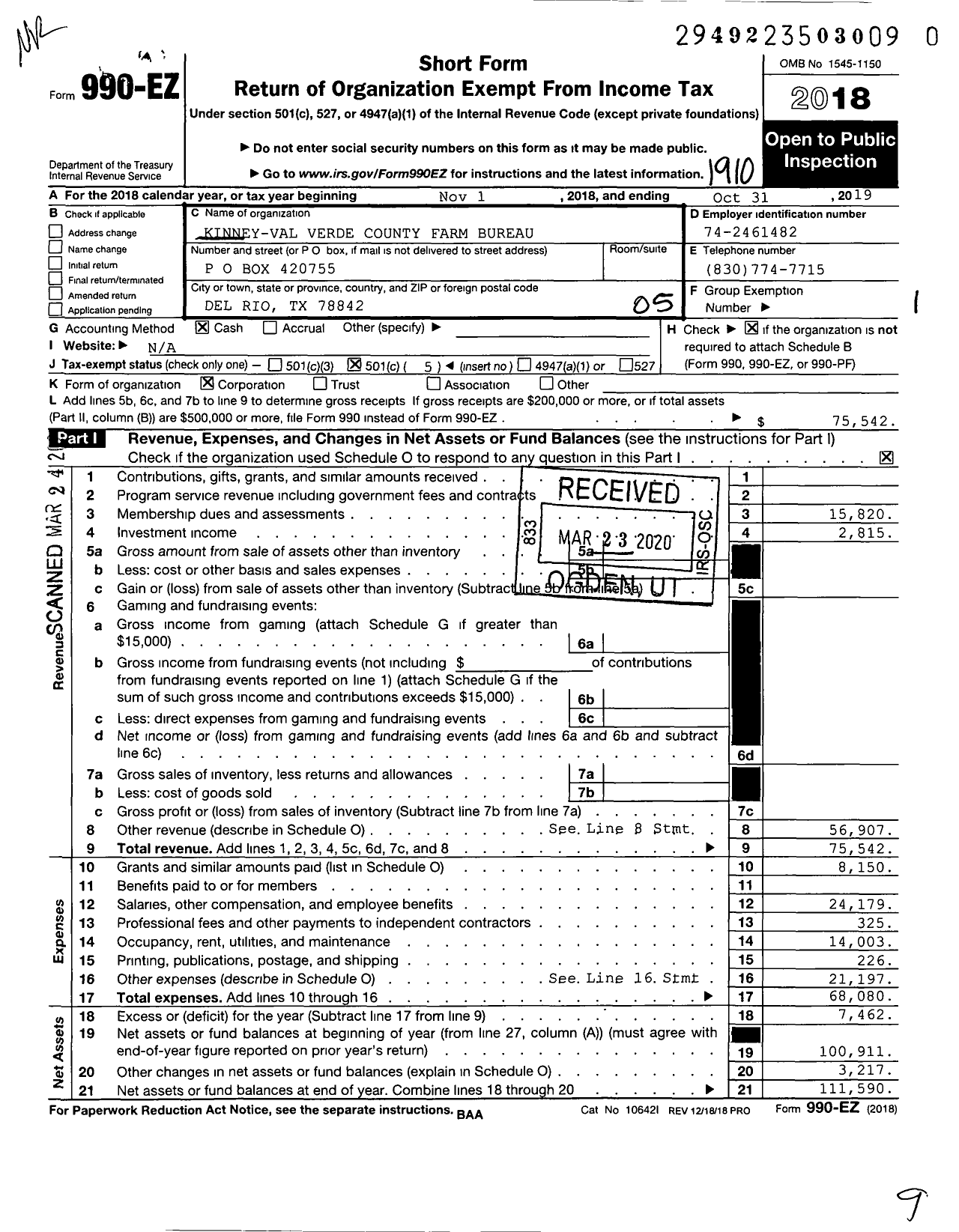 Image of first page of 2018 Form 990EO for Kinney-Val Verde County Farm Bureau