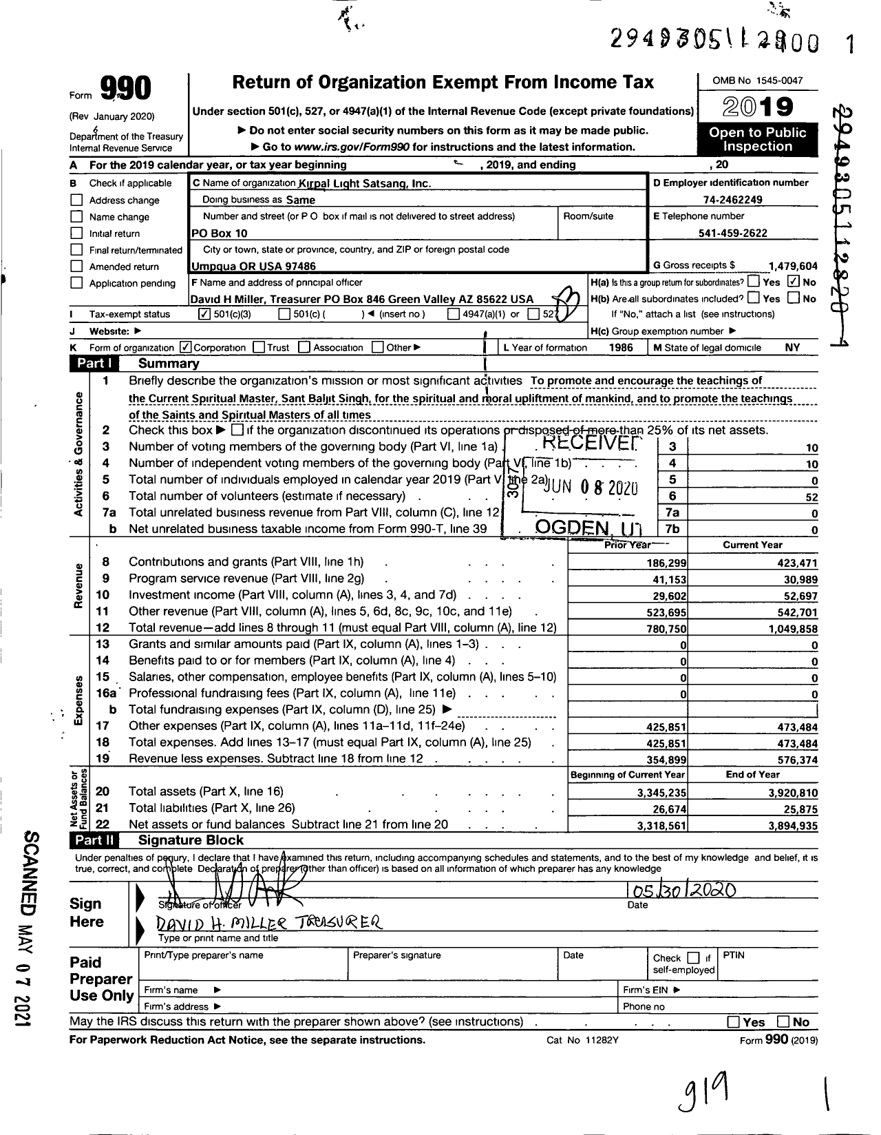 Image of first page of 2019 Form 990 for Kirpal Light Satsang