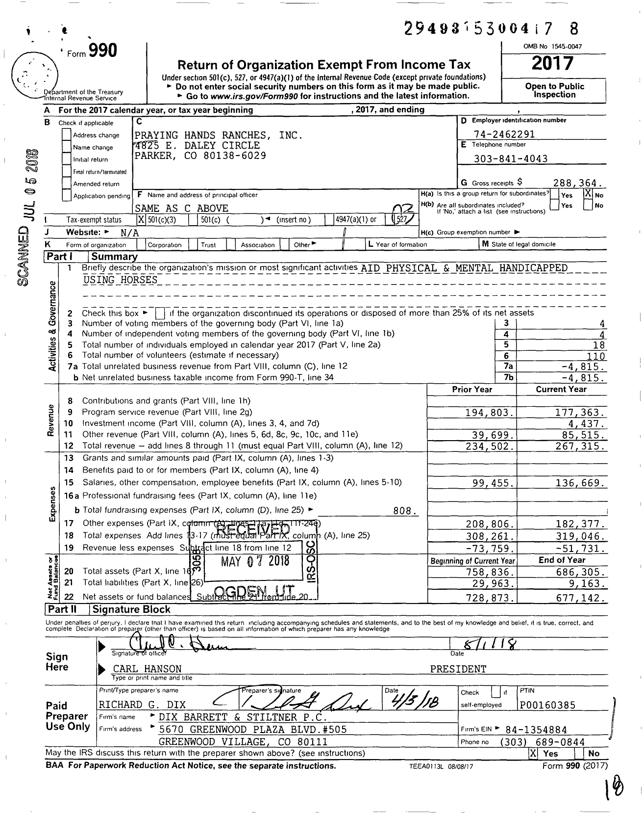 Image of first page of 2017 Form 990 for Praying Hands Ranches