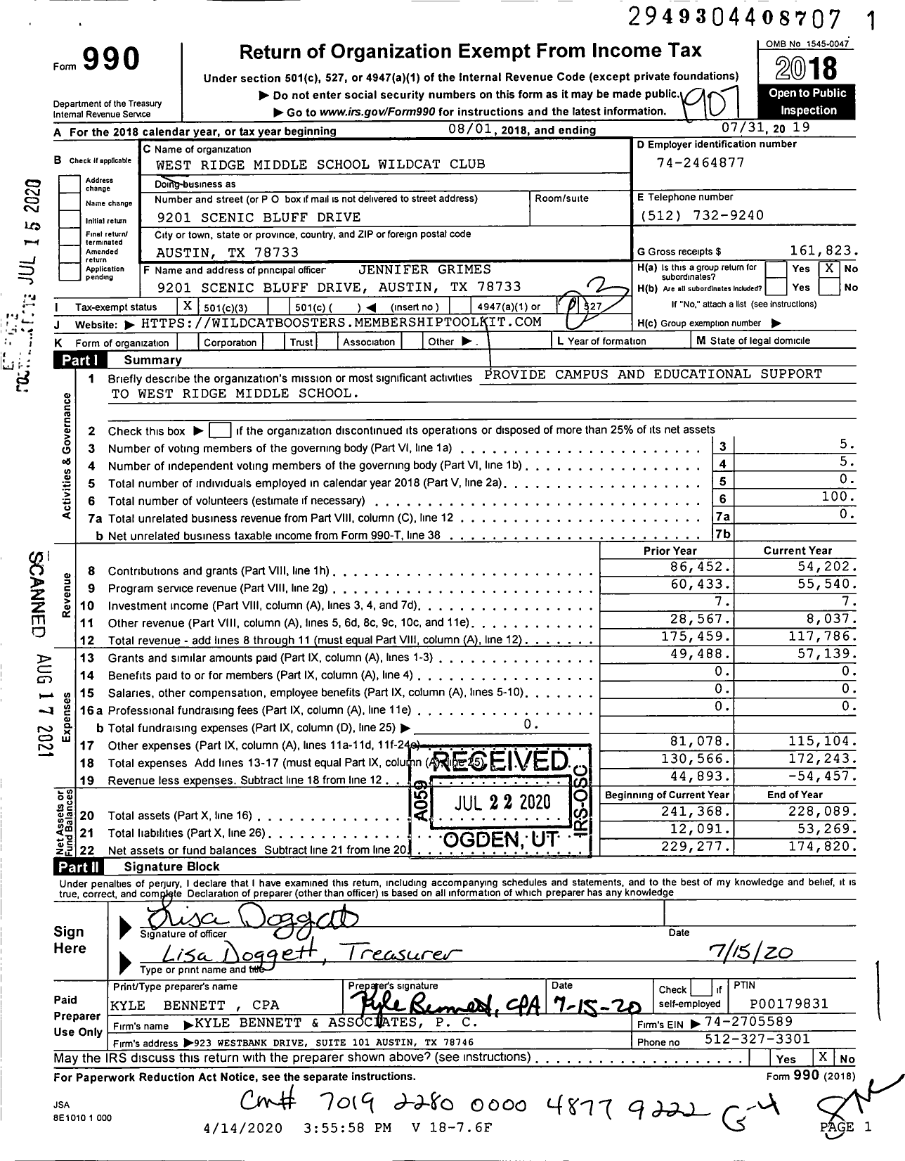 Image of first page of 2018 Form 990 for West Ridge Middle School Wildcat Club