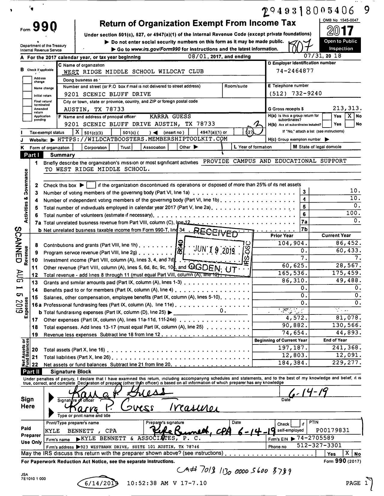 Image of first page of 2017 Form 990 for West Ridge Middle School Wildcat Club