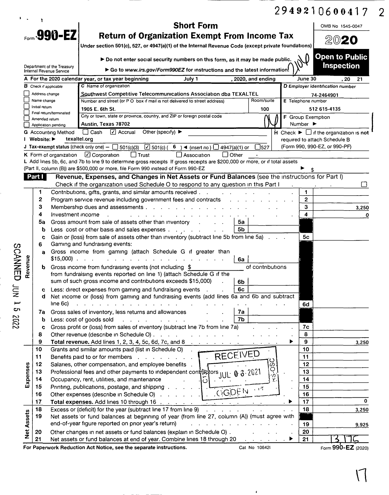 Image of first page of 2020 Form 990EO for Southwest Competitive Telecommunications Association