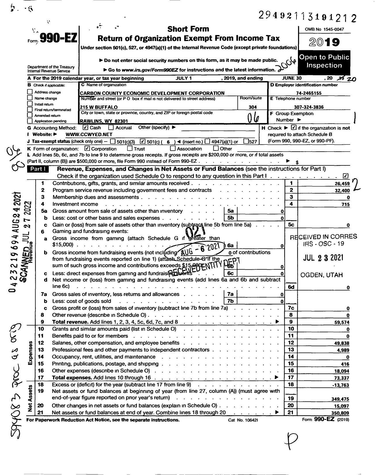 Image of first page of 2019 Form 990EO for Carbon County Economic Development