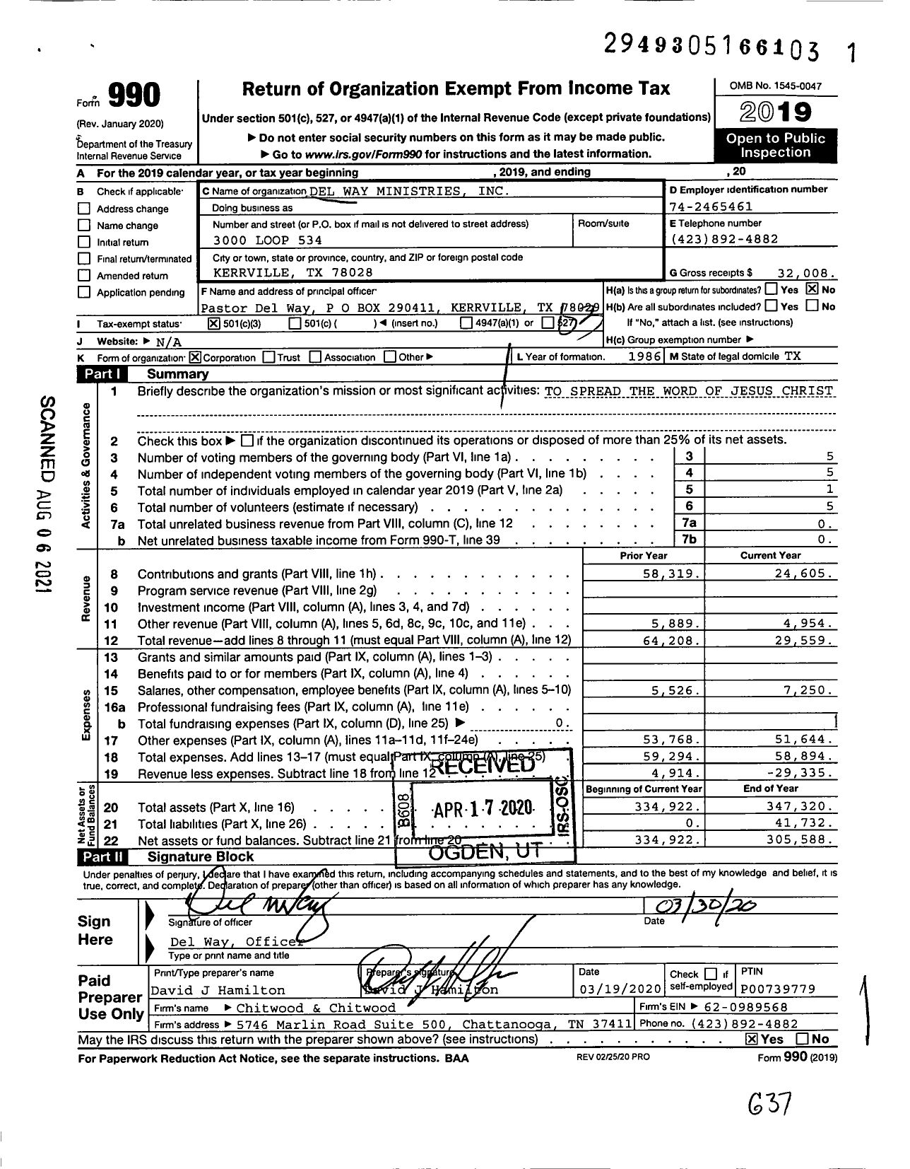 Image of first page of 2019 Form 990 for Del Way Ministries