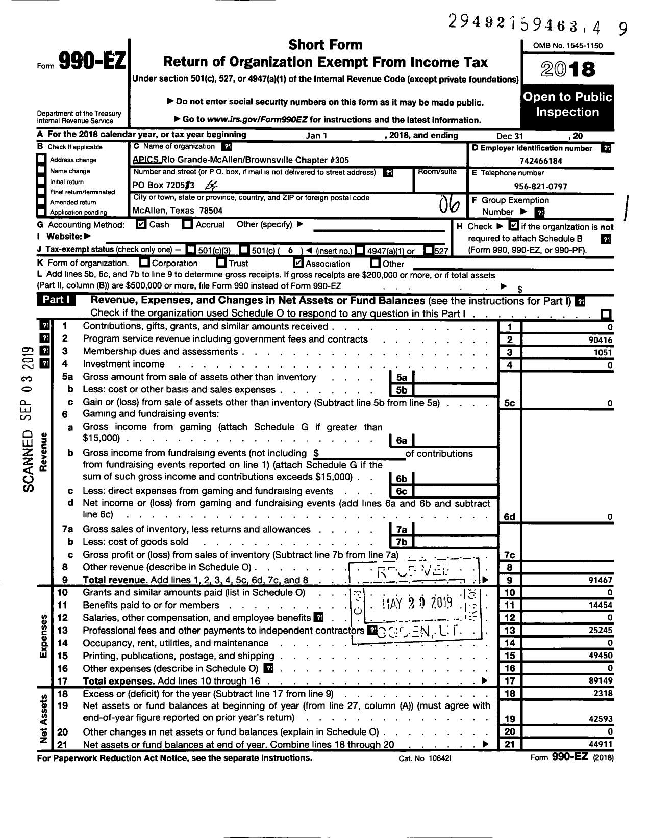 Image of first page of 2018 Form 990EO for Apics Rio Grande Mcallen Brownsville Chapter 305