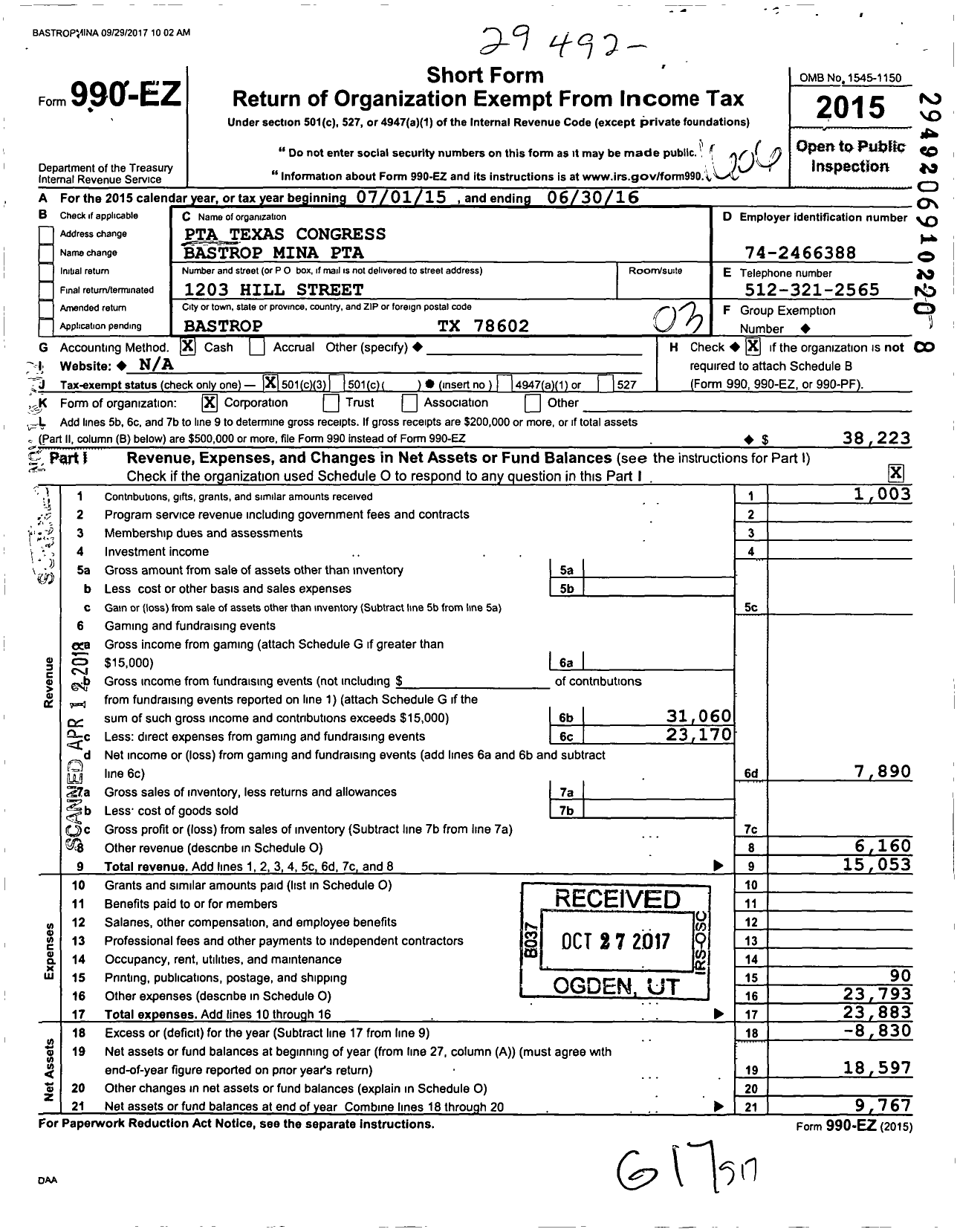 Image of first page of 2015 Form 990EZ for Texas PTA - 926 Mina Elementary PTA