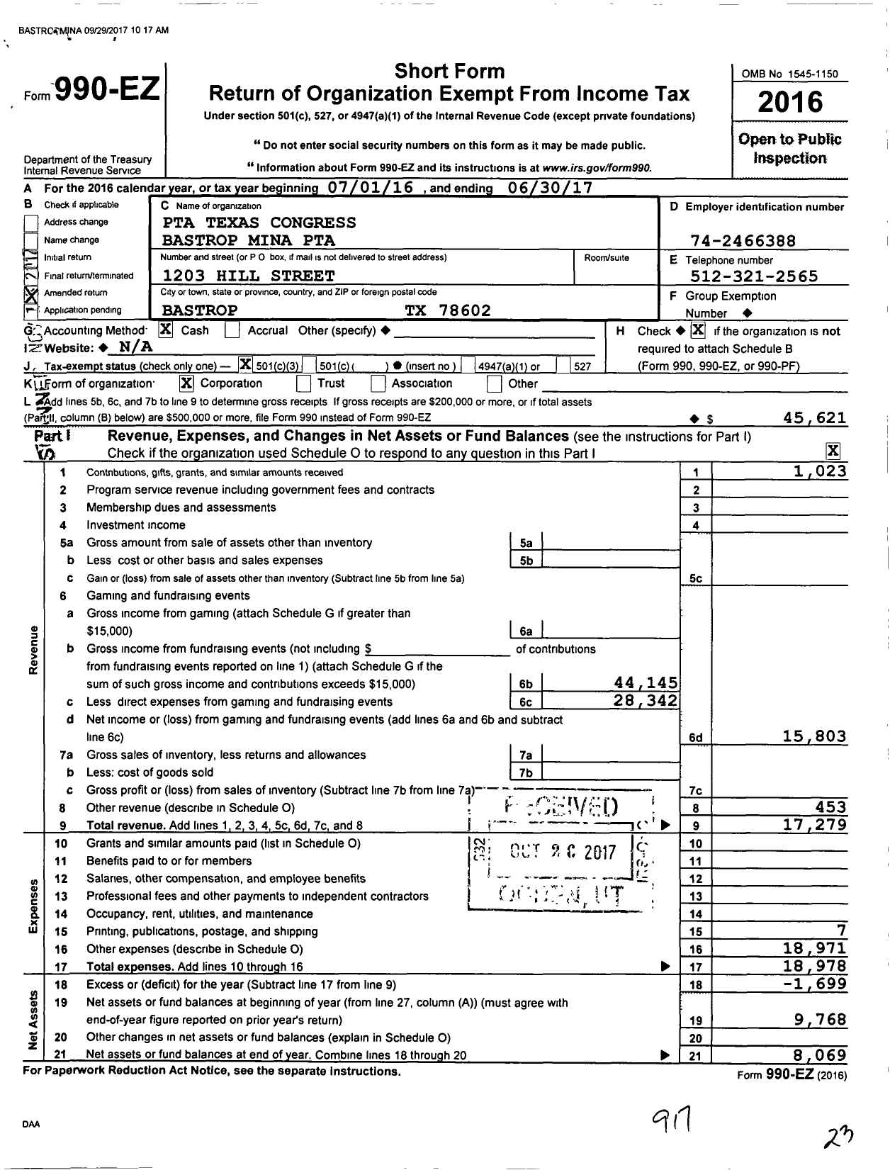 Image of first page of 2016 Form 990EZ for Texas PTA - 926 Mina Elementary PTA