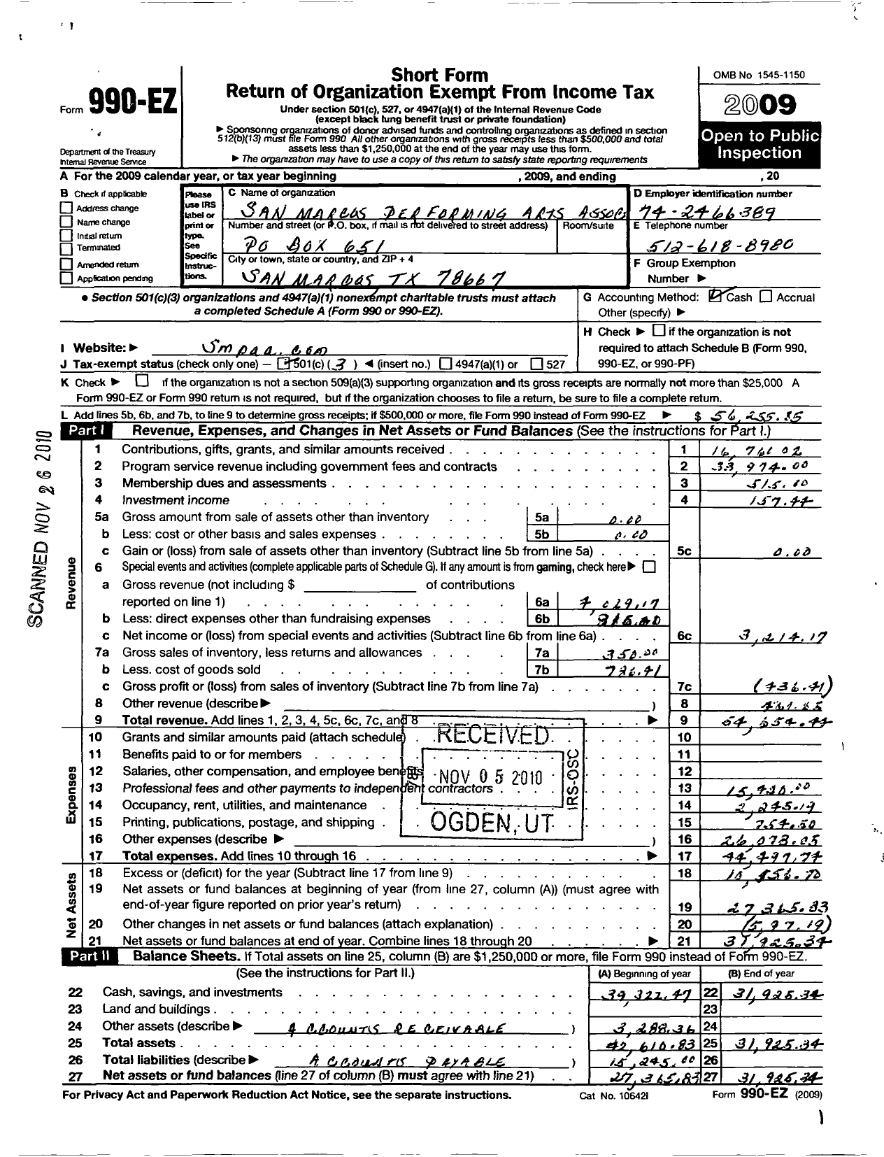 Image of first page of 2009 Form 990EZ for San Marcos Performing Arts Association