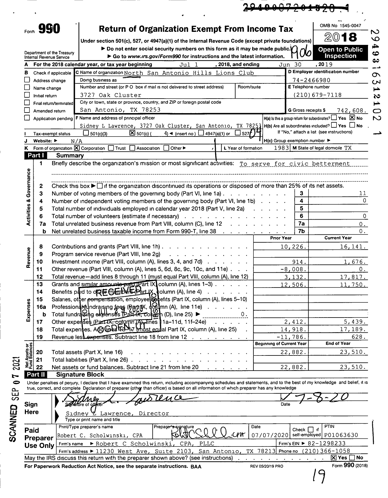 Image of first page of 2018 Form 990O for Lions Clubs - 38415 San Antonio North S A Hills