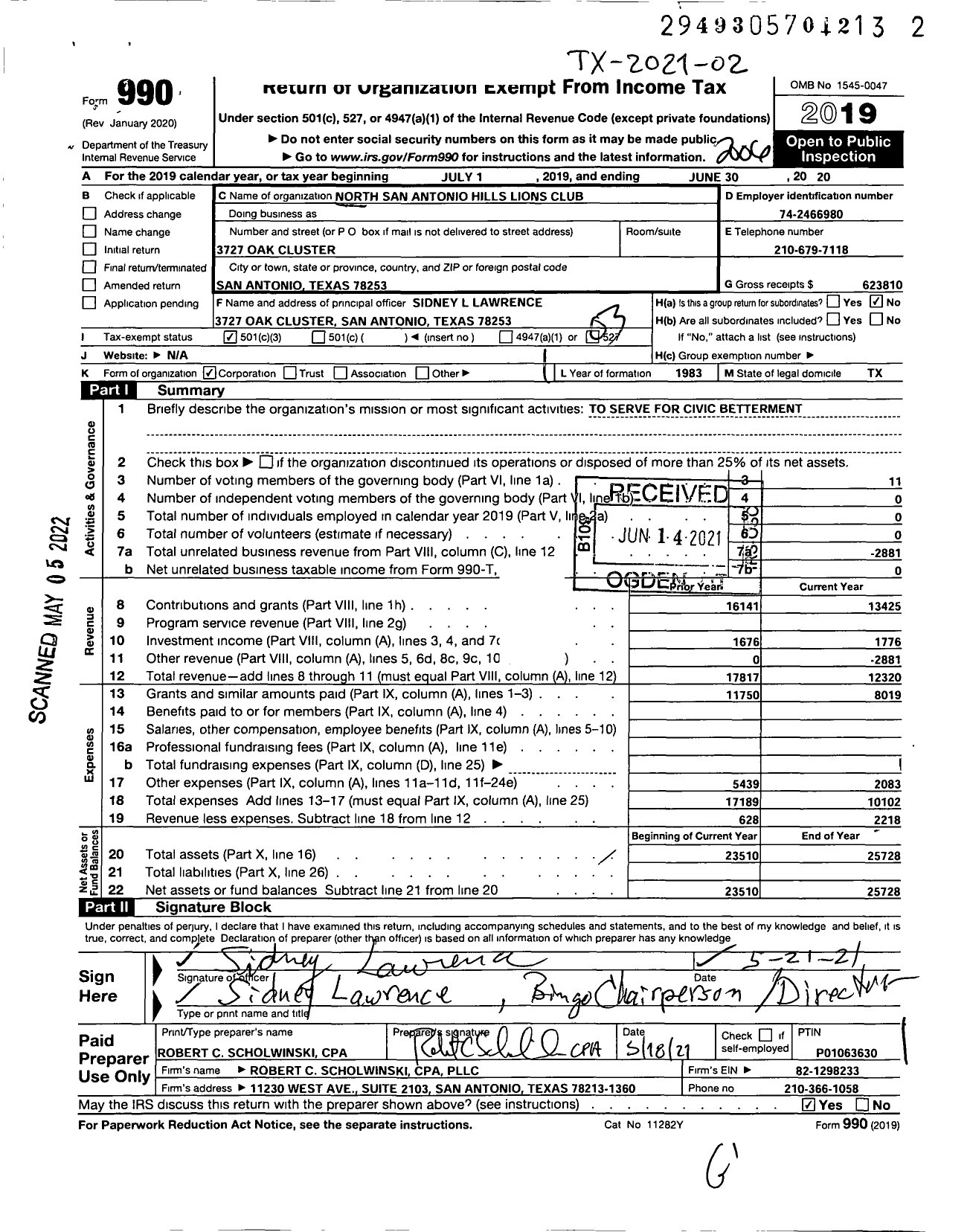 Image of first page of 2019 Form 990 for Lions Clubs - 38415 San Antonio North S A Hills