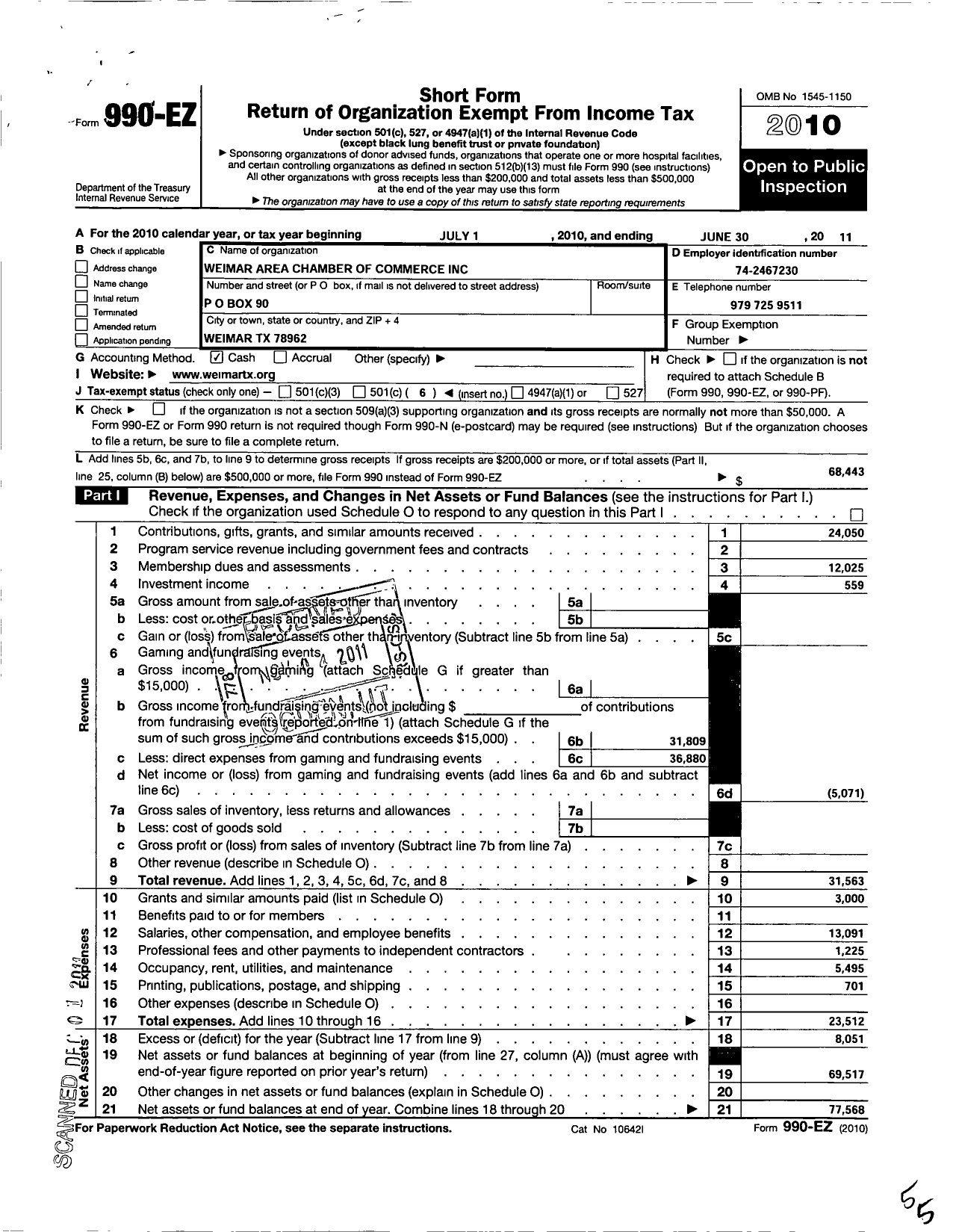 Image of first page of 2010 Form 990EO for Weimar Area Chamber of Commerce Incorporated