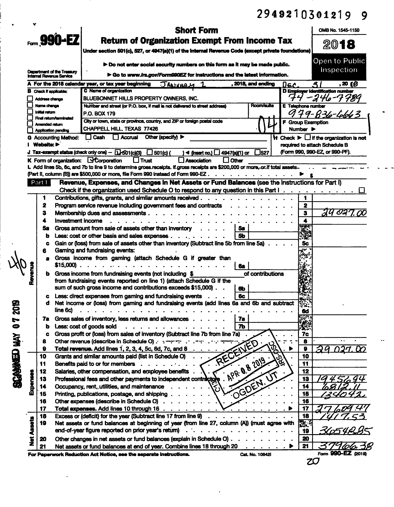 Image of first page of 2018 Form 990EO for Bluebonnet Hills Property Owners