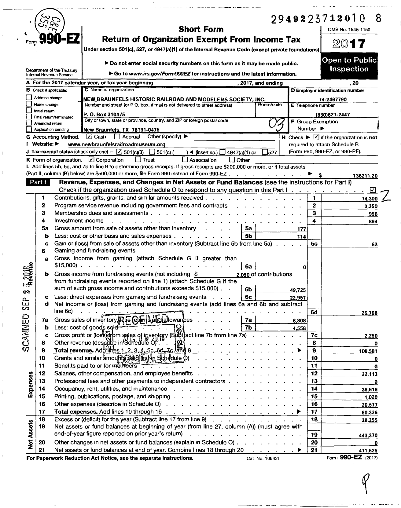 Image of first page of 2017 Form 990EZ for New Braunfels Historic Railroad and Modelers Society