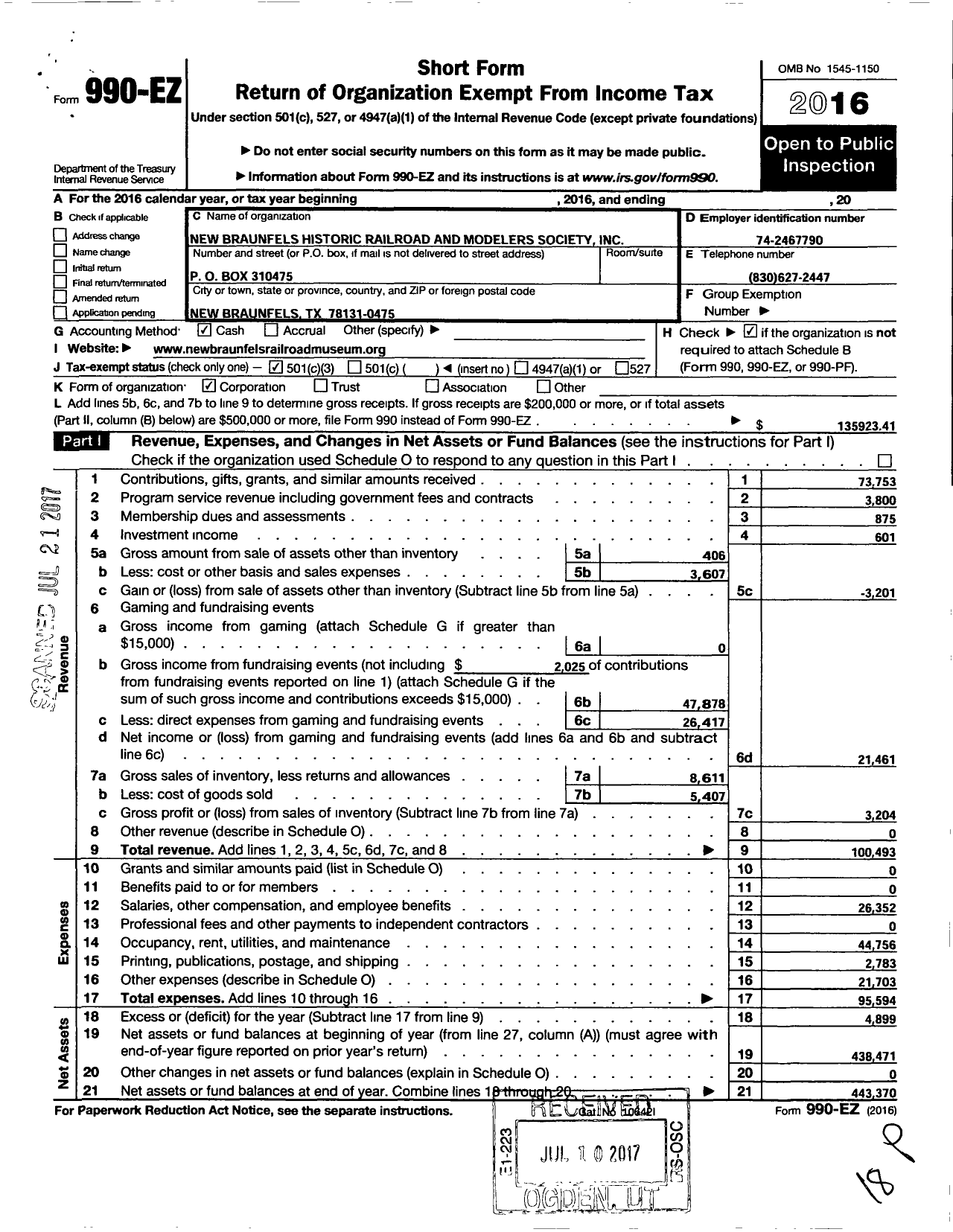 Image of first page of 2016 Form 990EZ for New Braunfels Historic Railroad and Modelers Society